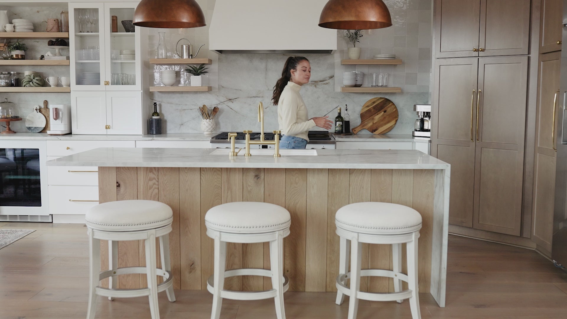 31" Alexander Backless Bar Stool in Cream Finish with Natural Fabric Upholstery in Stools by Maven Lane