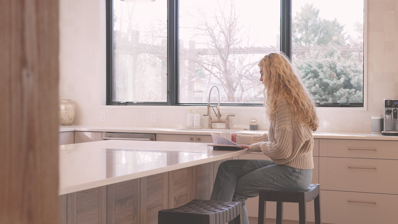 Emerson Bar Stool In Brown Finish & Brown Woven Leather Seat in Stools by Maven Lane