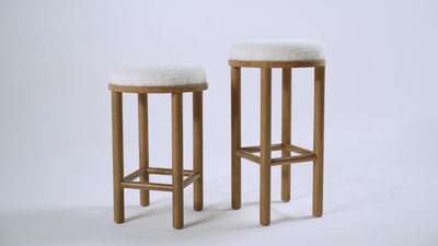 31" Clara Bar Stool in Aged Natural Wood Finish with White Boucle Fabric in Stools by Maven Lane