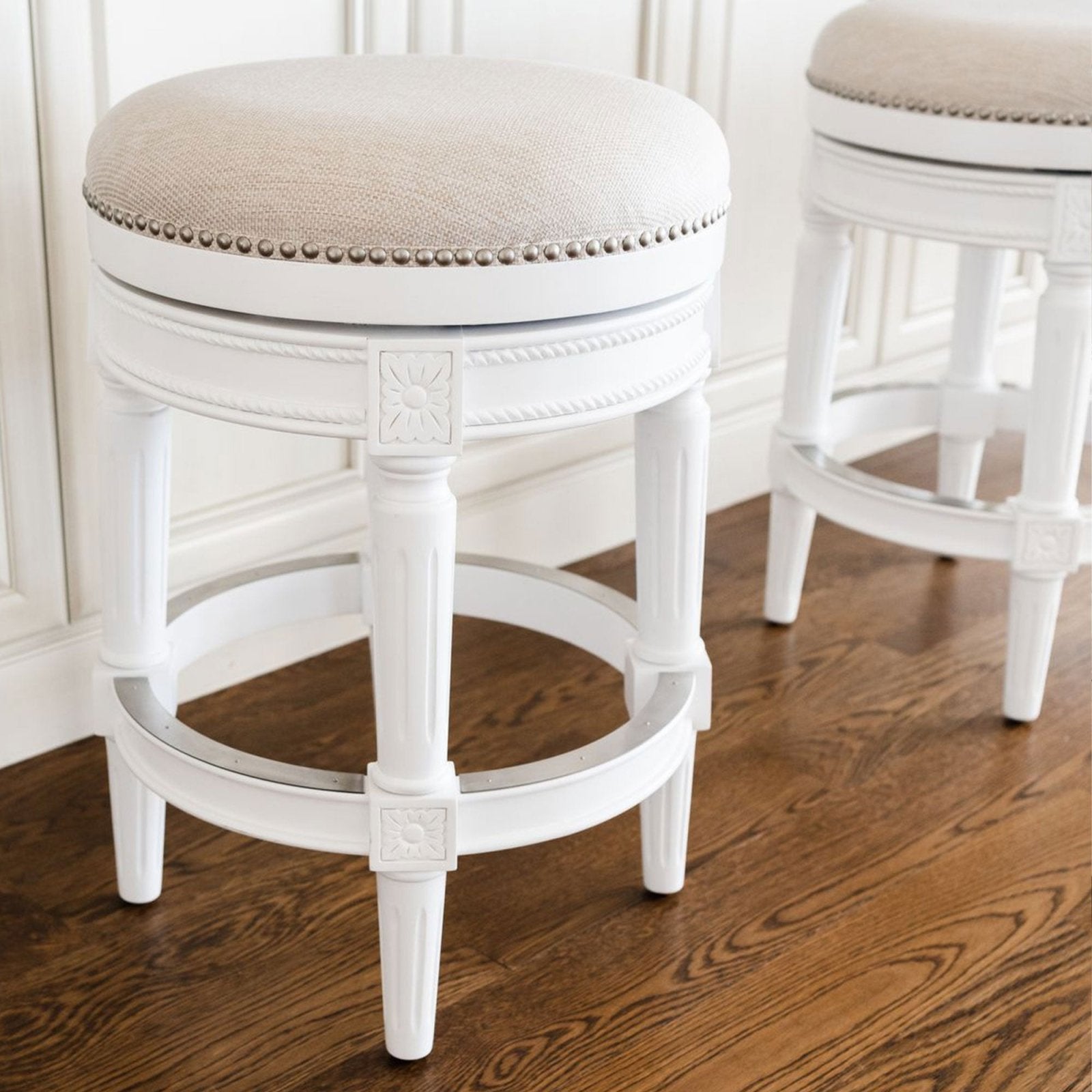 Pullman Backless Bar Stool In Alabaster White Finish With Cream Fabric Upholstery in Stools by Maven Lane