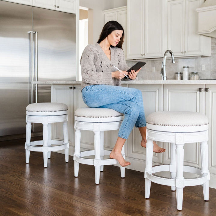 Pullman Backless Bar Stool In Alabaster White Finish With Cream Fabric Upholstery in Stools by Maven Lane