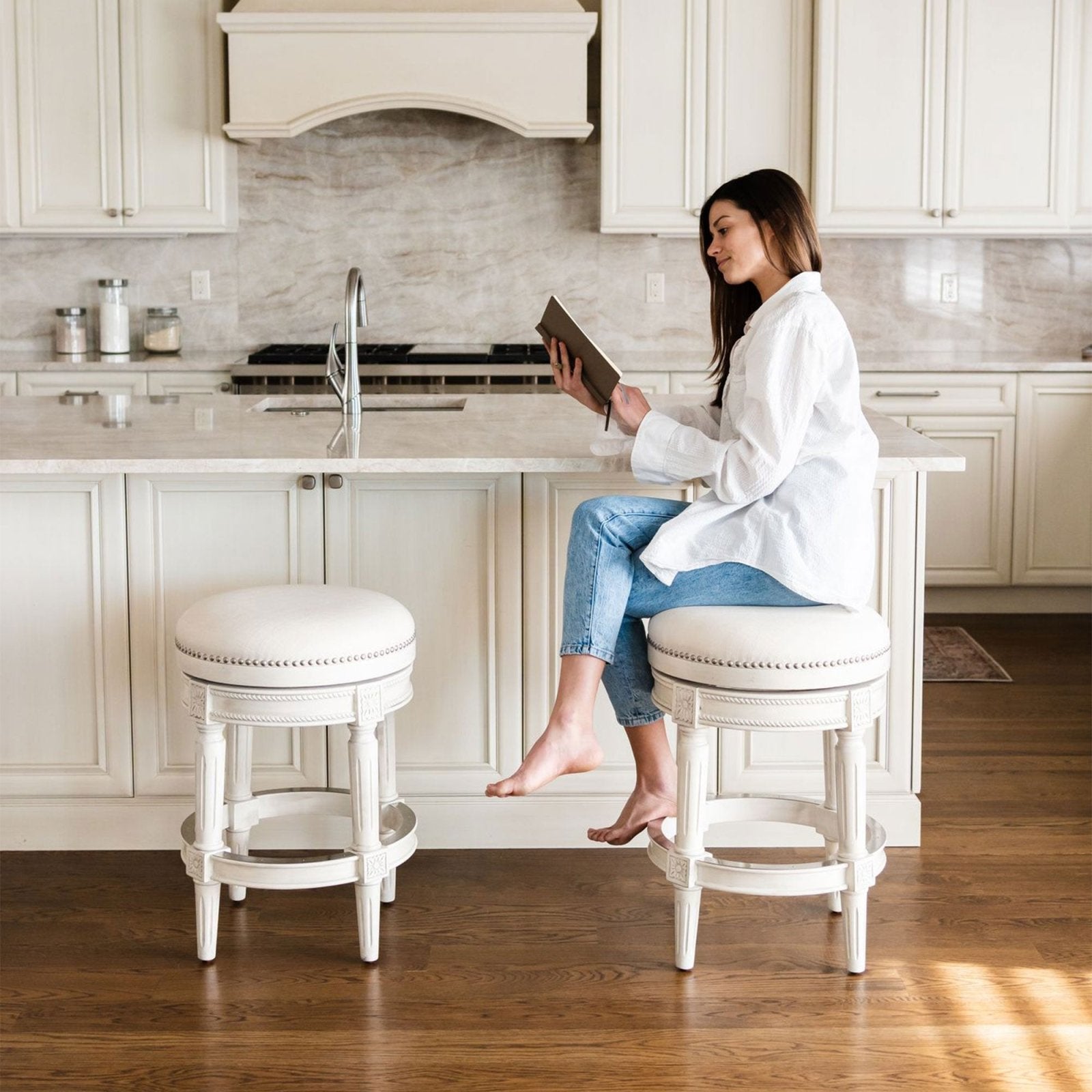 Pullman Backless Bar Stool In White Oak Finish With Natural Fabric Upholstery in Stools by Maven Lane