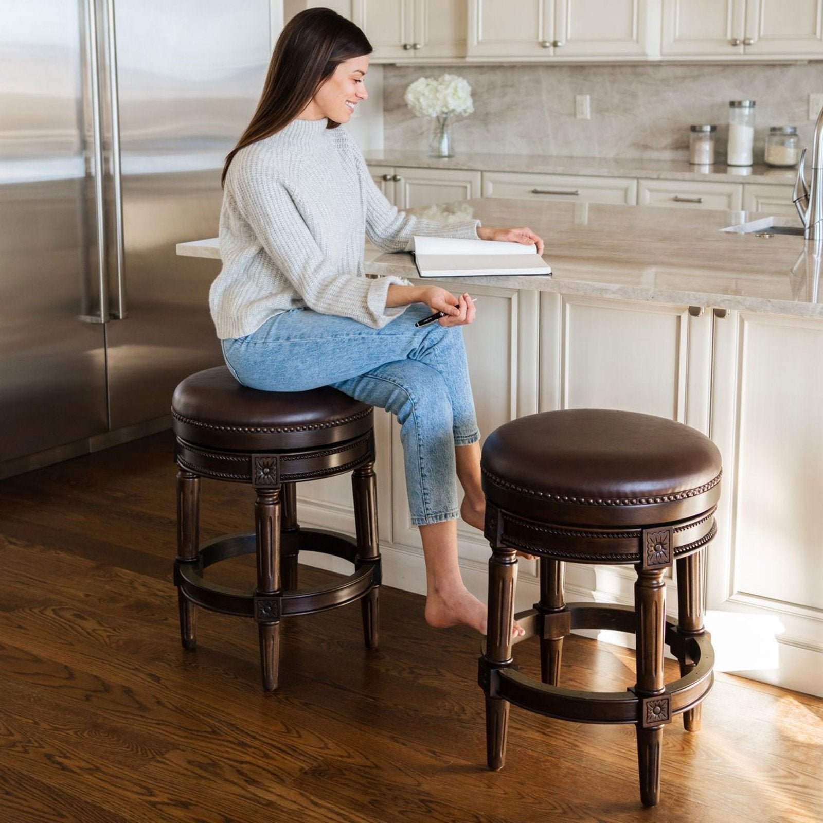 Pullman Backless Bar Stool in Dark Walnut Finish with Vintage Brown Vegan Leather in Stools by Maven Lane