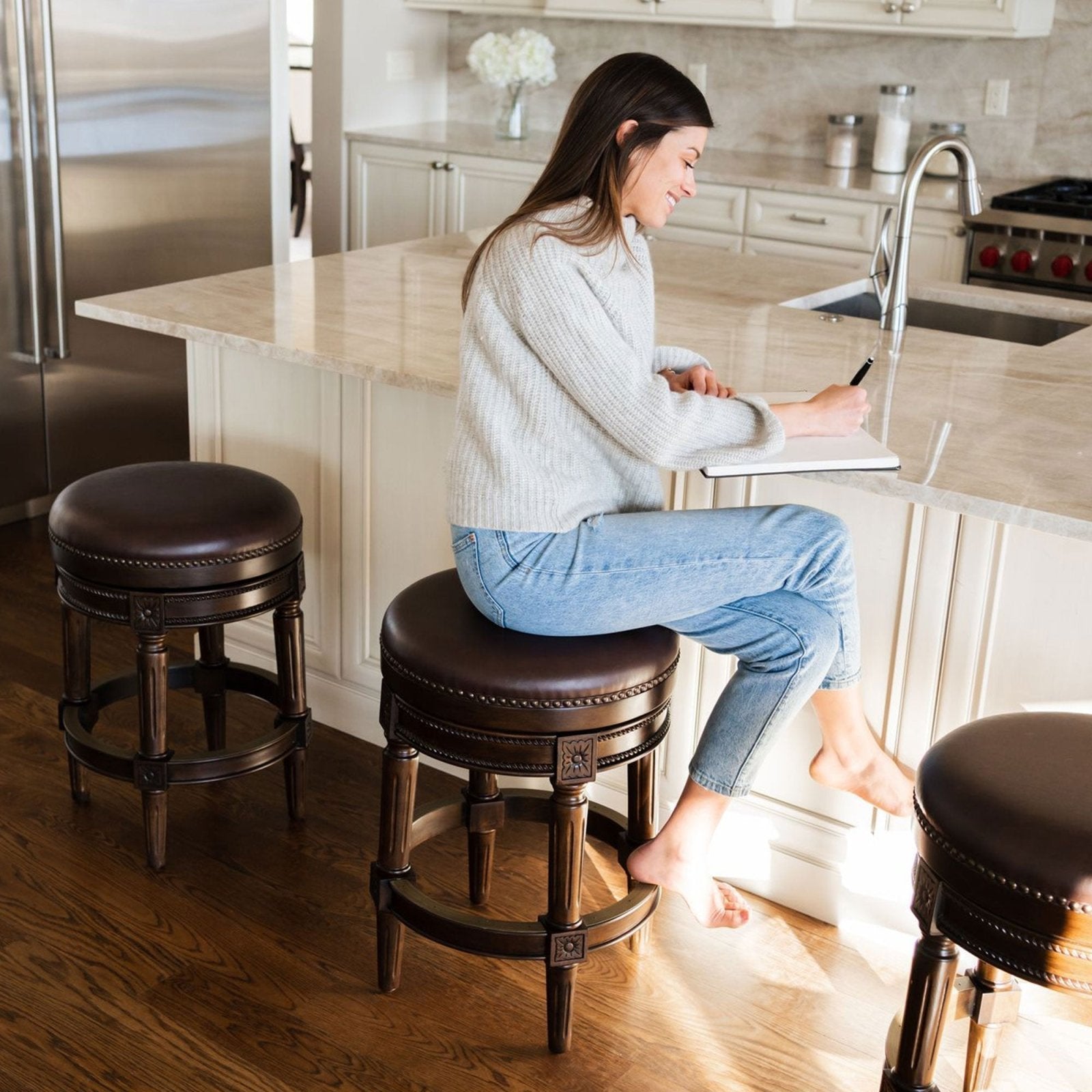 Pullman Backless Bar Stool in Dark Walnut Finish with Vintage Brown Vegan Leather in Stools by Maven Lane