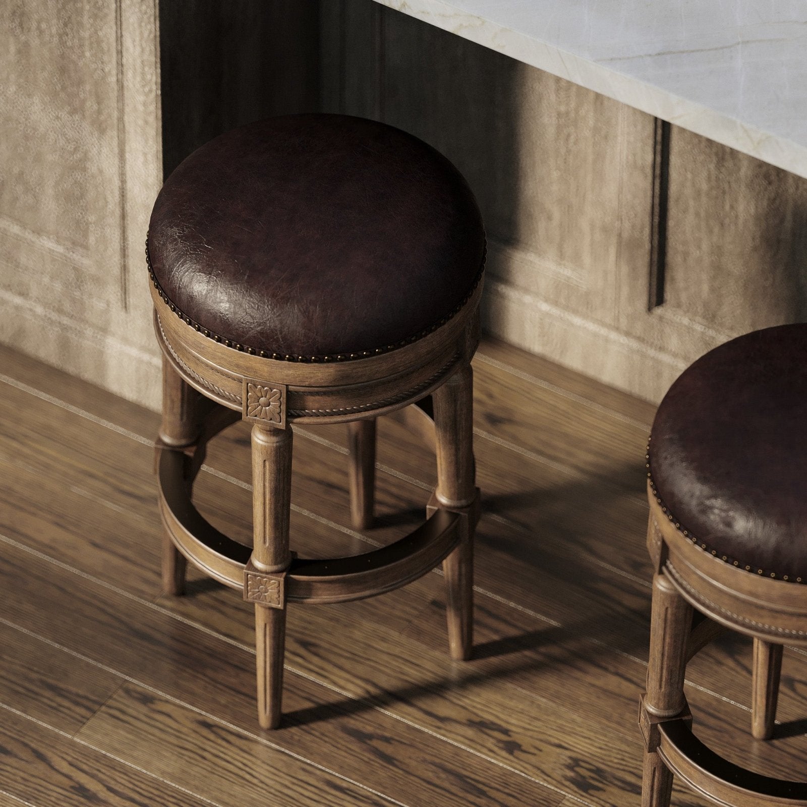 Pullman Backless Bar Stool In Walnut Finish With Marksman Saddle Vegan Leather in Stools by Maven Lane