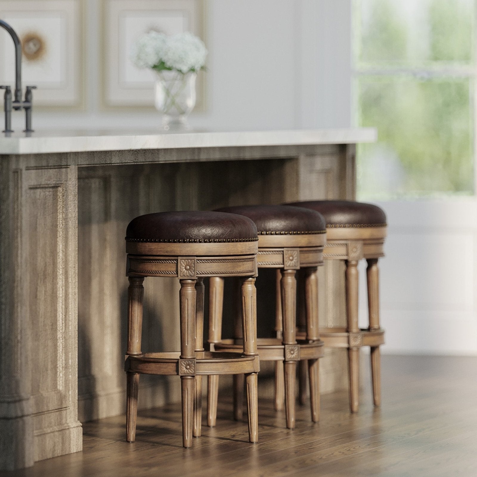 Pullman Backless Bar Stool In Walnut Finish With Marksman Saddle Vegan Leather in Stools by Maven Lane