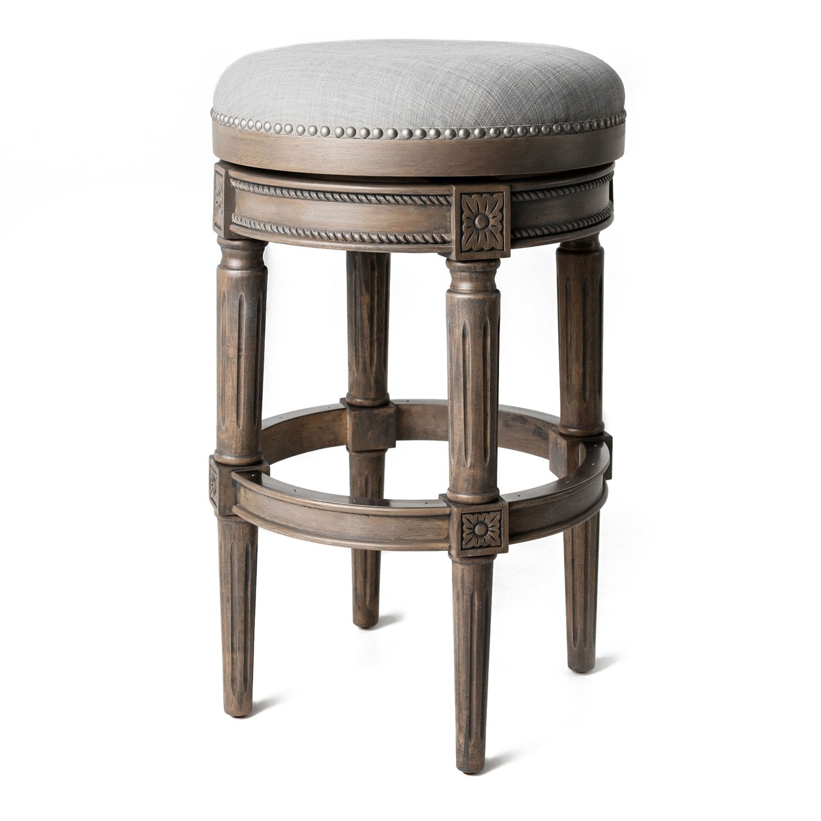 Pullman Backless Bar Stool In Reclaimed Oak Finish With Ash Grey Fabric Upholstery in Stools by Maven Lane