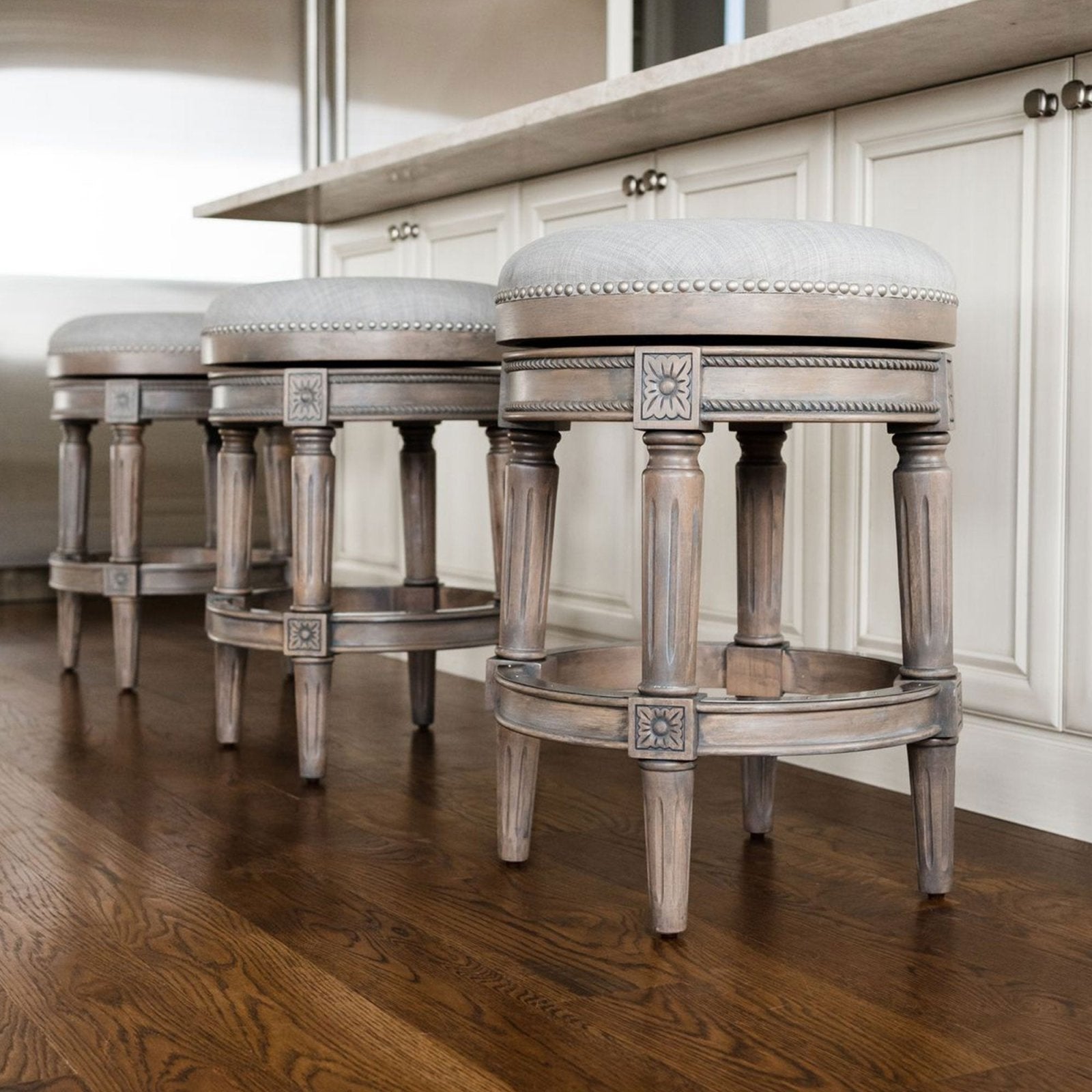 Pullman Backless Bar Stool In Reclaimed Oak Finish With Ash Grey Fabric Upholstery in Stools by Maven Lane