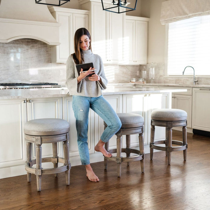 Pullman Backless Bar Stool In Reclaimed Oak Finish With Ash Grey Fabric Upholstery in Stools by Maven Lane