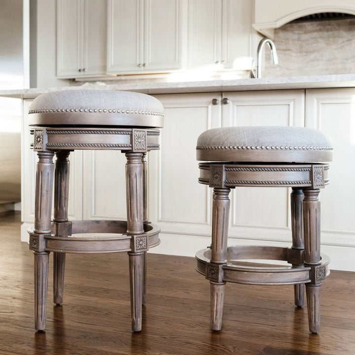 Pullman Backless Bar Stool In Reclaimed Oak Finish With Ash Grey Fabric Upholstery in Stools by Maven Lane