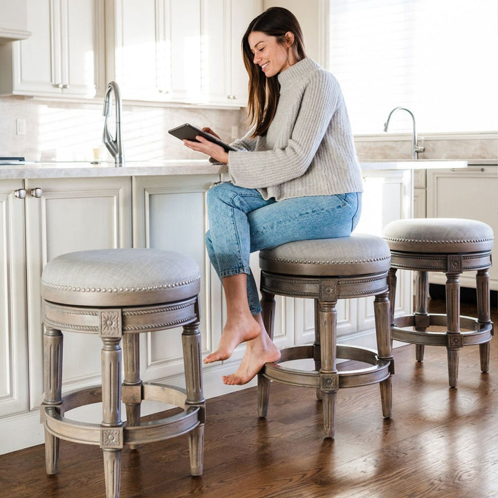 Pullman Backless Bar Stool In Reclaimed Oak Finish With Ash Grey Fabric Upholstery in Stools by Maven Lane