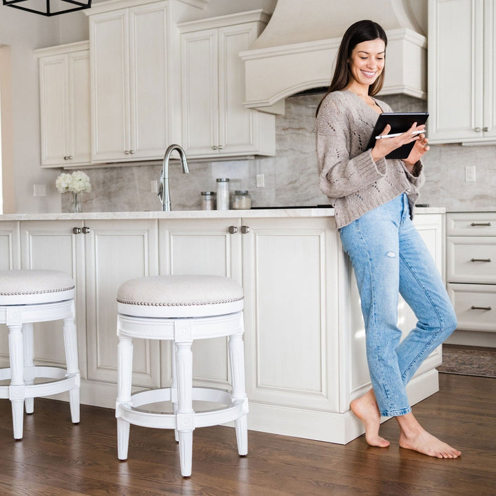 Pullman Backless Counter Stool In Alabaster White Finish With Cream Fabric Upholstery in Stools by Maven Lane