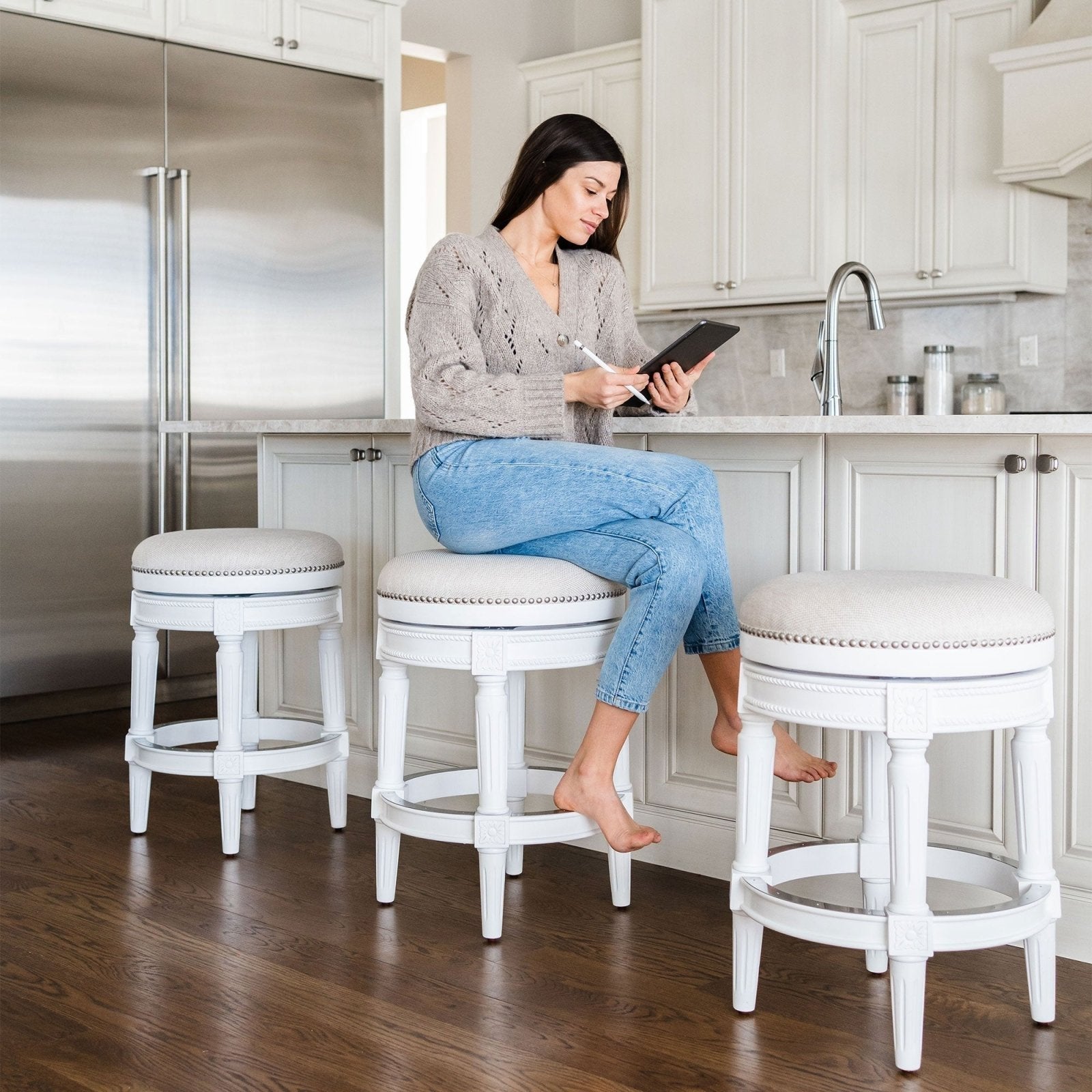 Pullman Backless Counter Stool In Alabaster White Finish With Cream Fabric Upholstery in Stools by Maven Lane