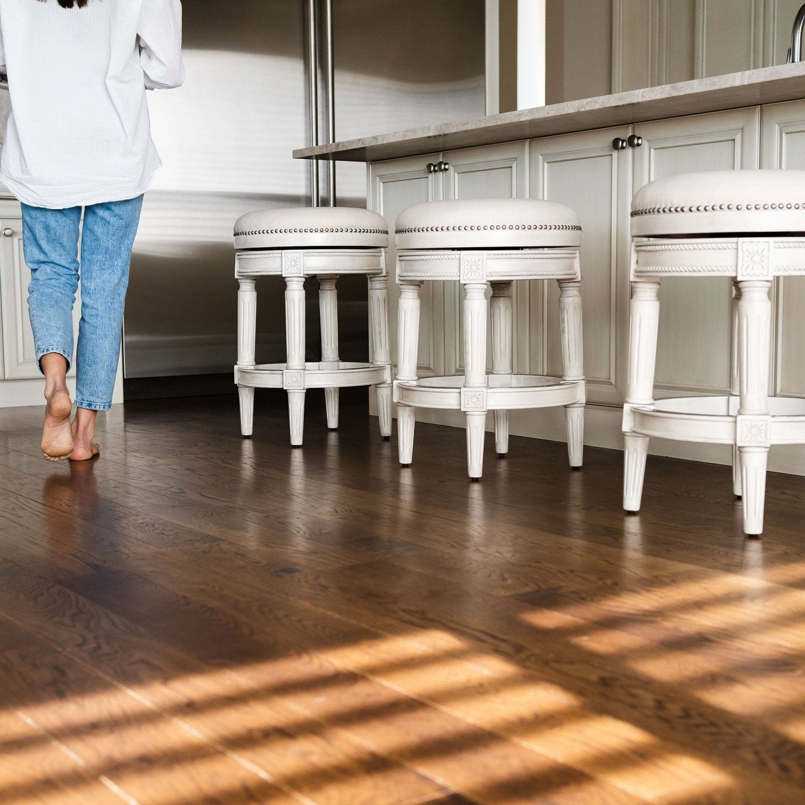 Pullman Backless Counter Stool In White Oak Finish With Natural Fabric Upholstery in Stools by Maven Lane