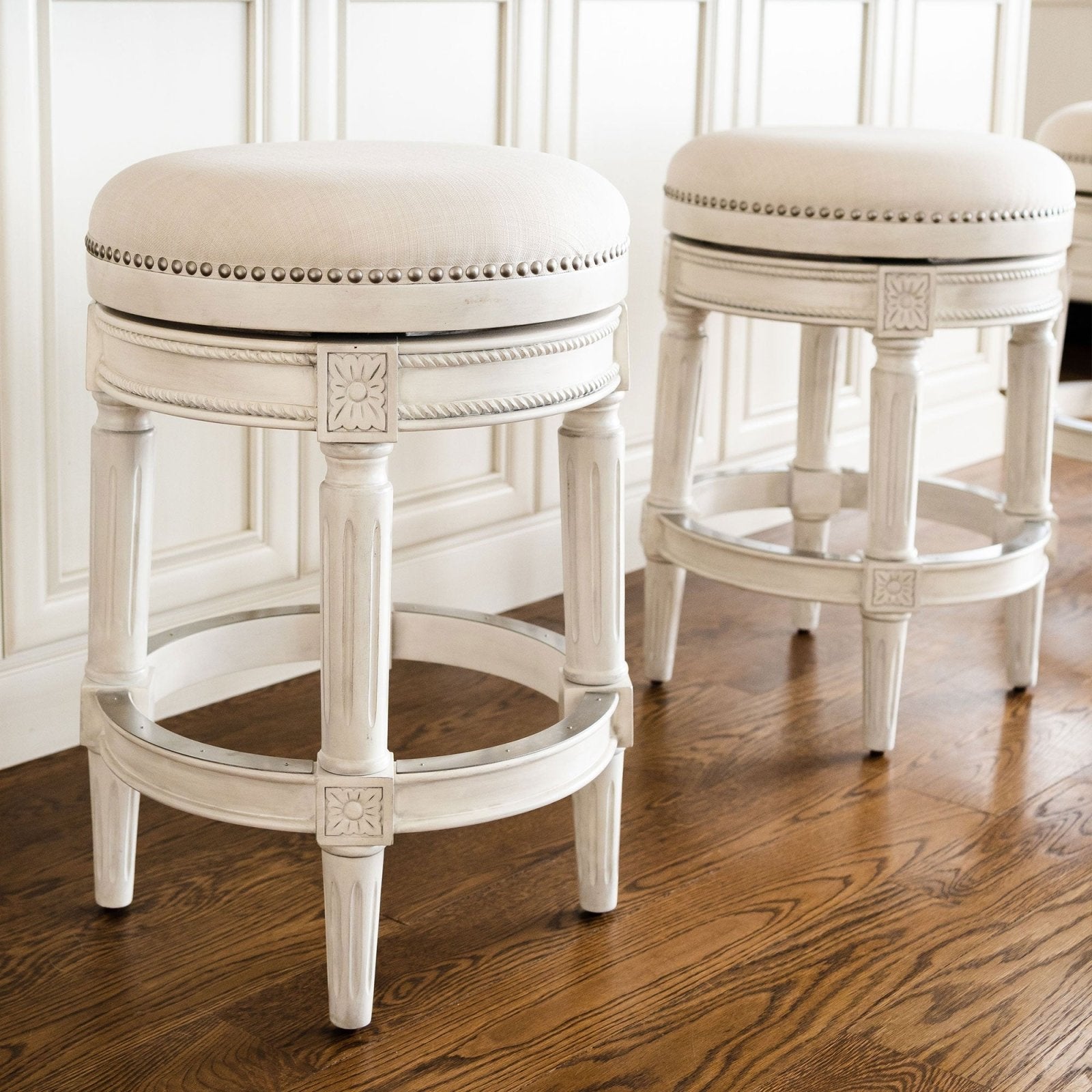 Pullman Backless Counter Stool In White Oak Finish With Natural Fabric Upholstery in Stools by Maven Lane