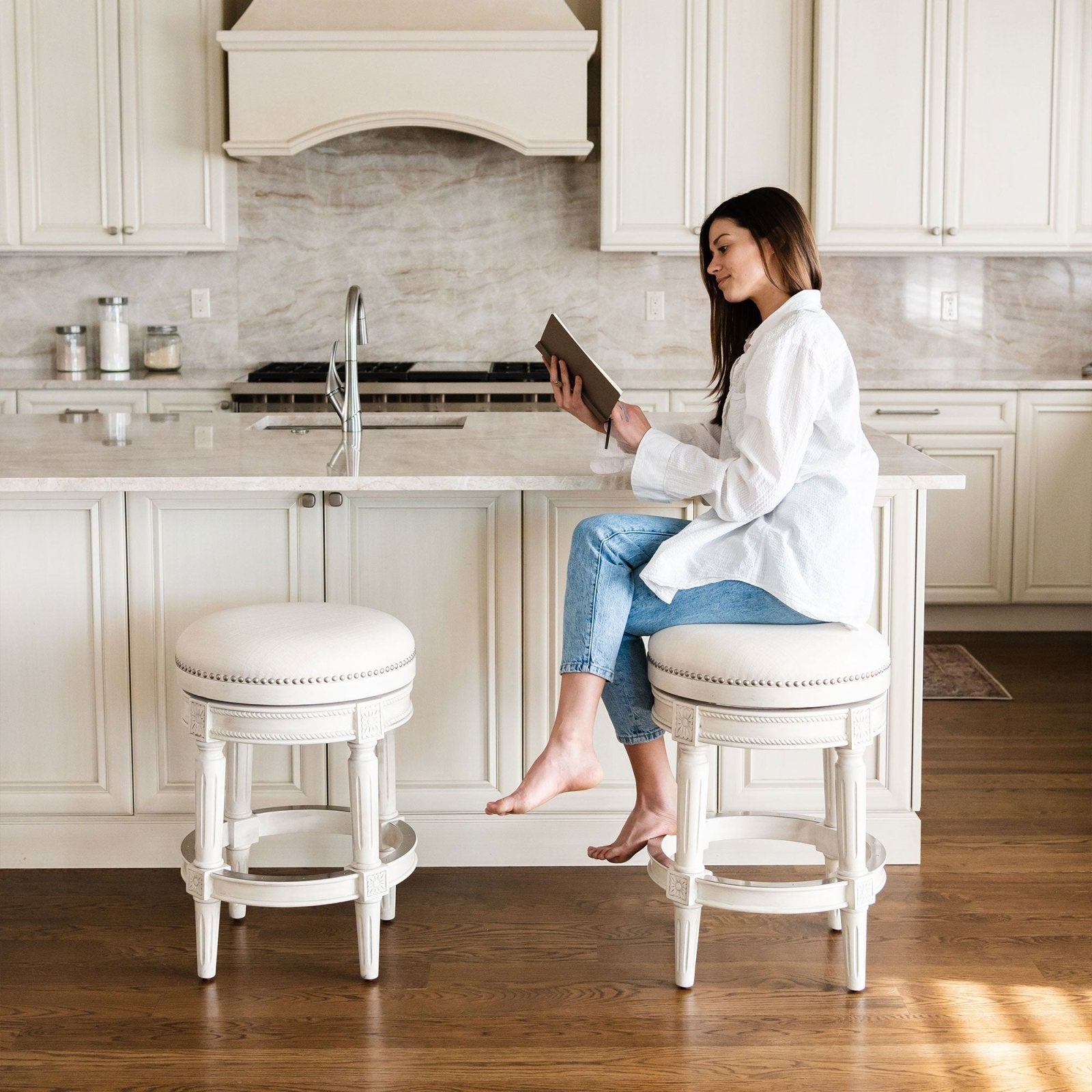 Pullman Backless Counter Stool In White Oak Finish With Natural Fabric Upholstery in Stools by Maven Lane