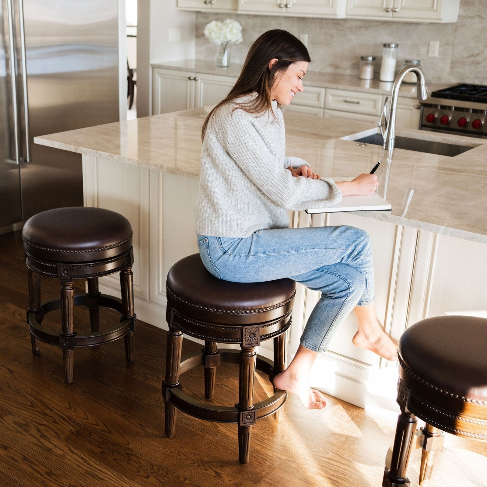 Pullman Backless Counter Stool in Dark Walnut Finish with Vintage Brown Vegan Leather in Counter Stools by Maven Lane