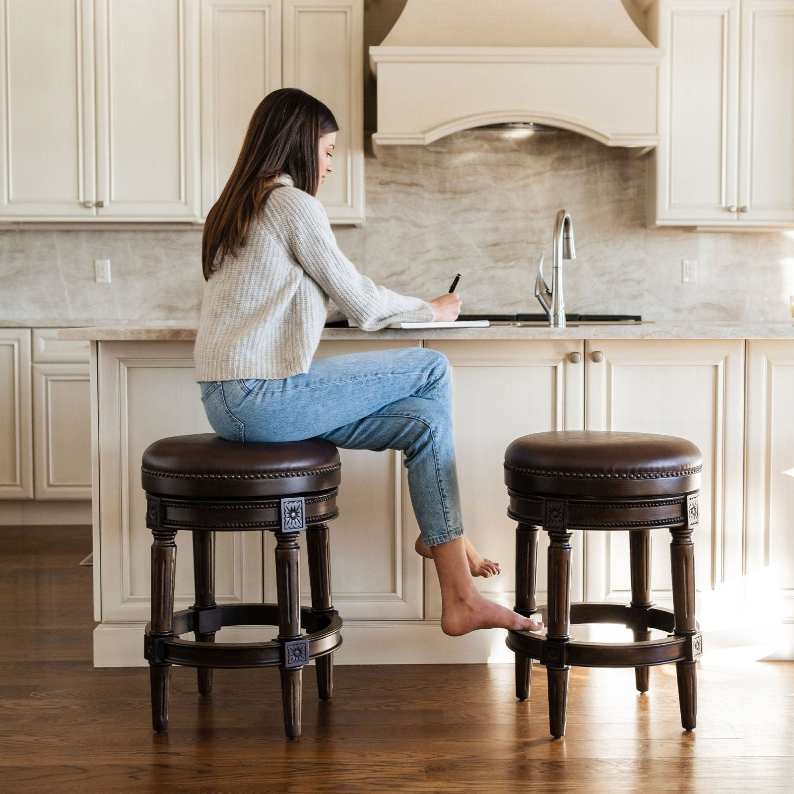 Pullman Backless Counter Stool in Dark Walnut Finish with Vintage Brown Vegan Leather in Counter Stools by Maven Lane