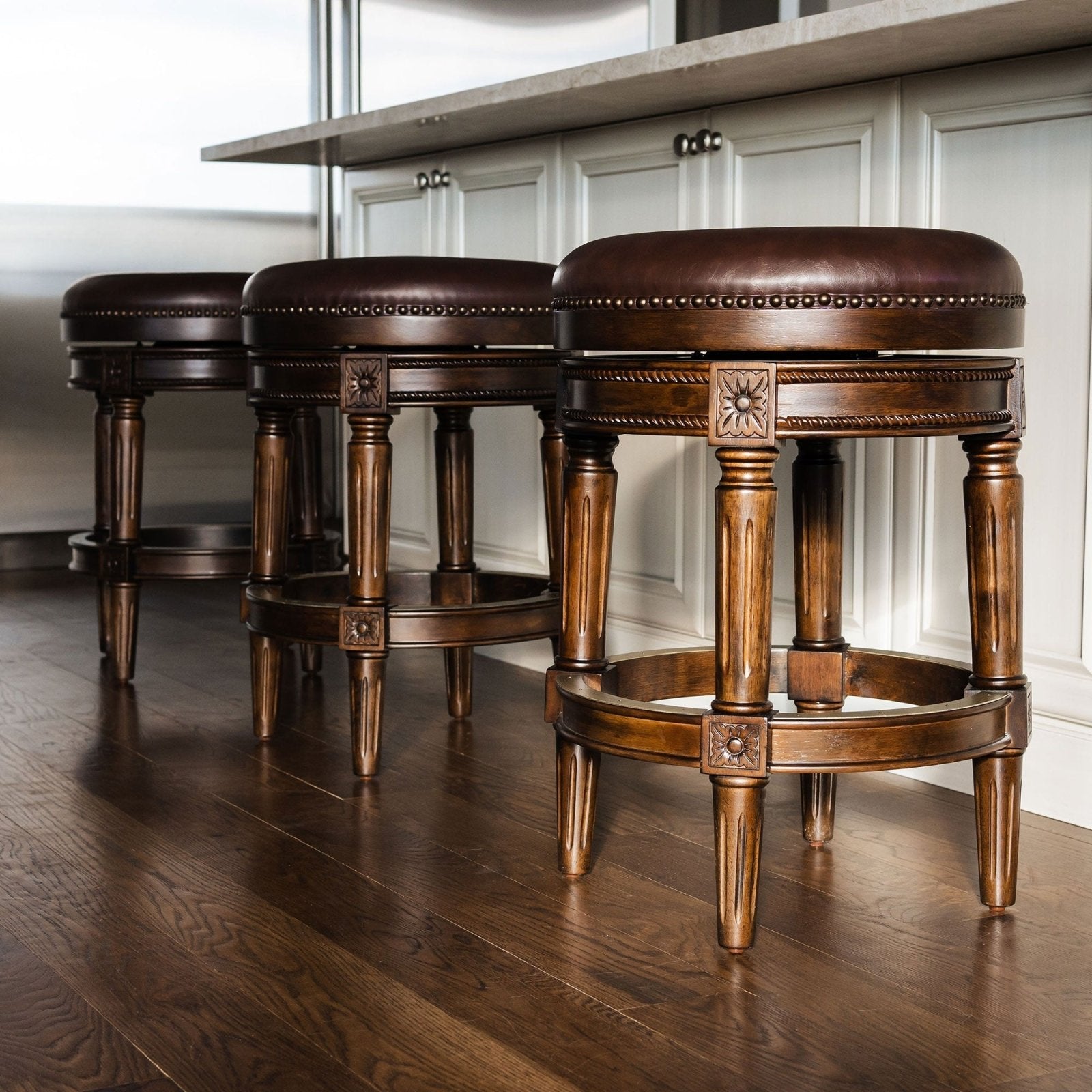 Pullman Backless Counter Stool in Dark Walnut Finish w/ Vintage Brown Vegan Leather in Stools by Maven Lane