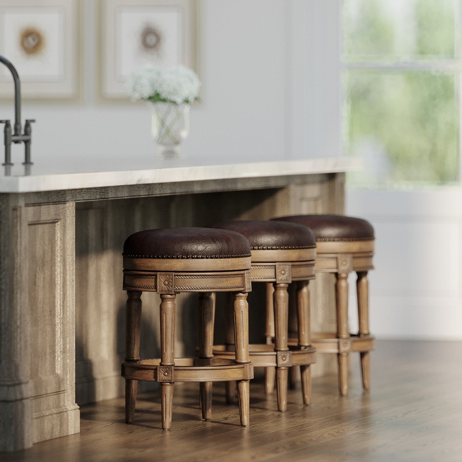 Pullman Backless Counter Stool In Walnut Finish With Marksman Saddle Vegan Leather in Stools by Maven Lane