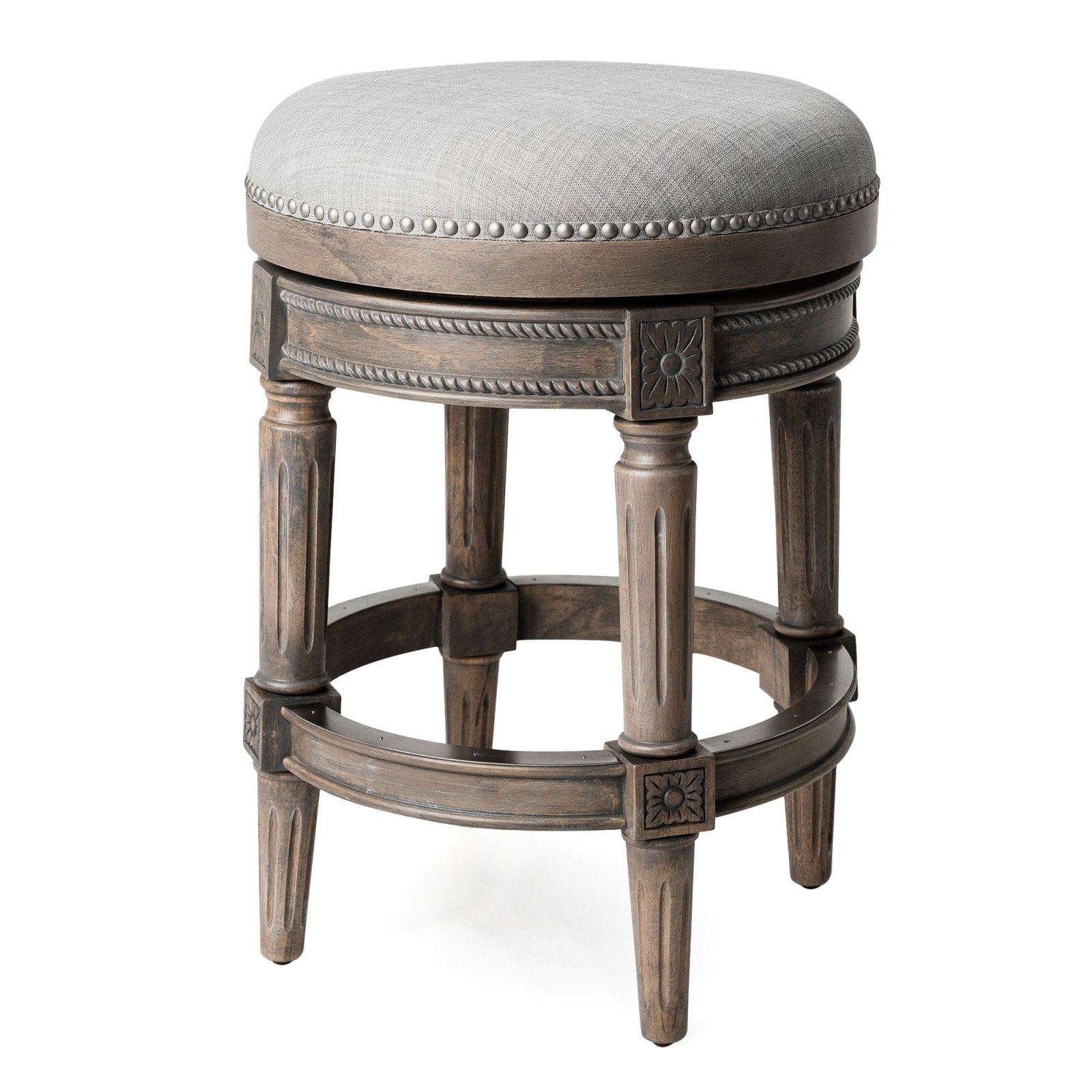 Pullman Backless Counter Stool In Reclaimed Oak Finish With Ash Grey Fabric Upholstery in Stools by Maven Lane