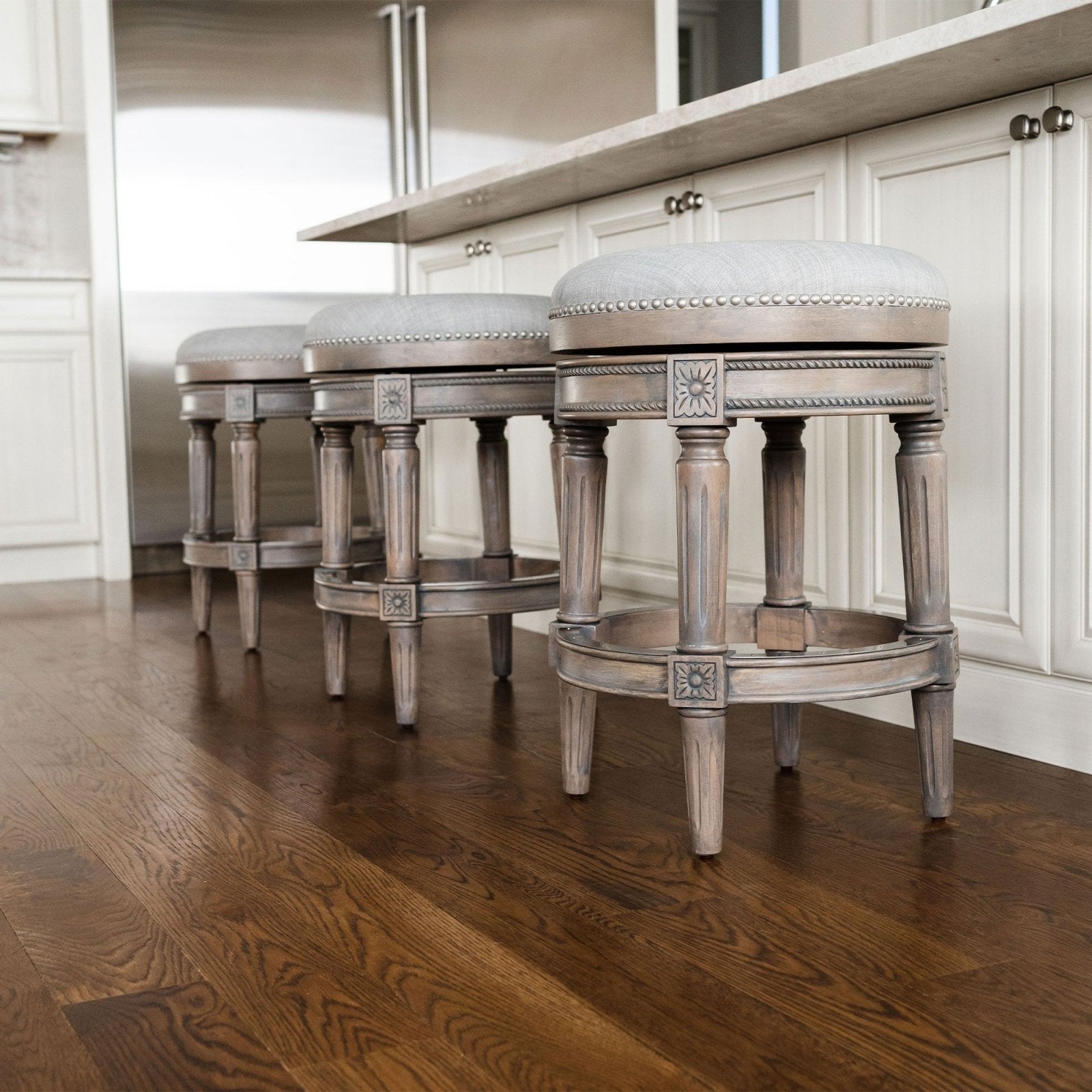 Pullman Backless Counter Stool In Reclaimed Oak Finish With Ash Grey Fabric Upholstery in Stools by Maven Lane