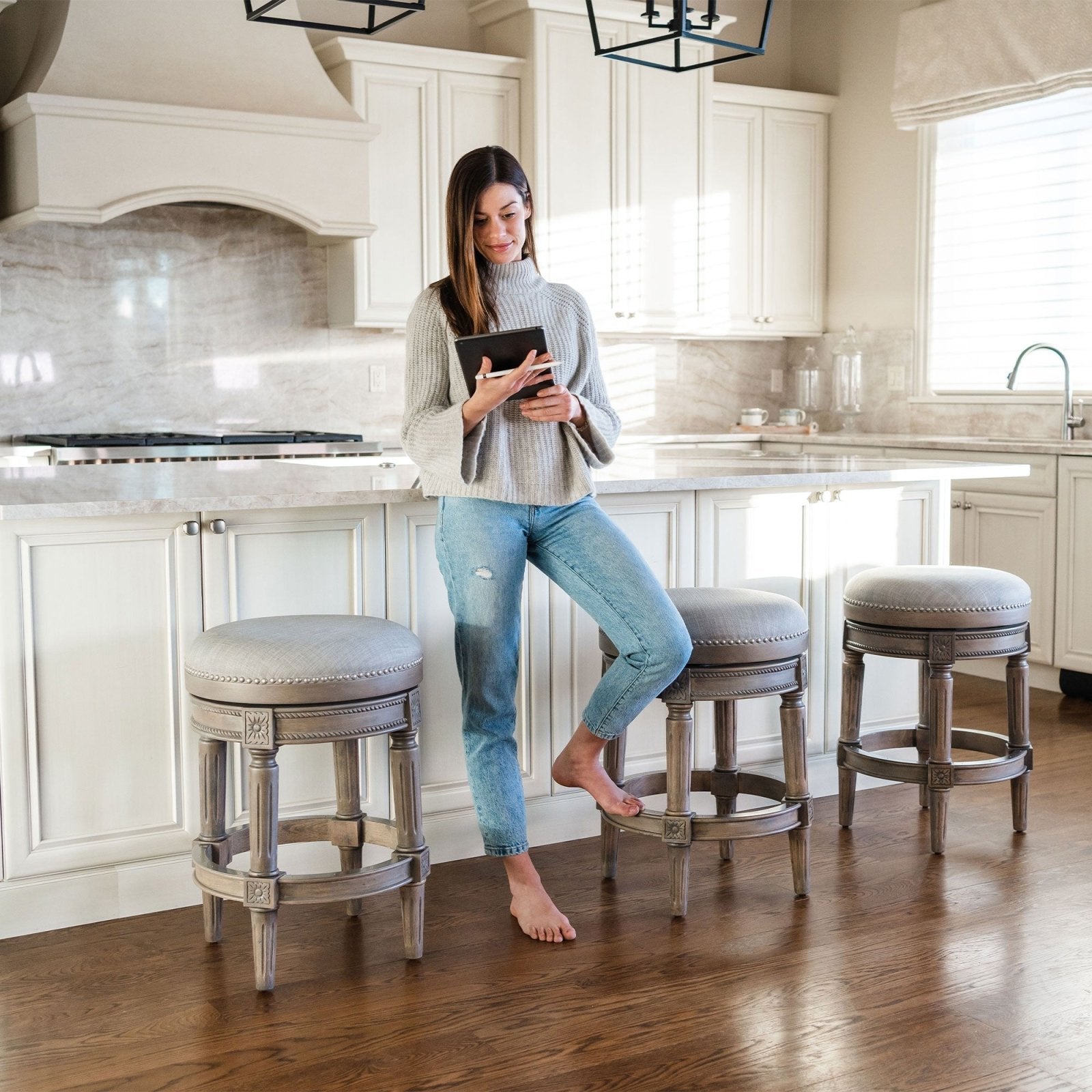 Pullman Backless Counter Stool In Reclaimed Oak Finish With Ash Grey Fabric Upholstery in Stools by Maven Lane