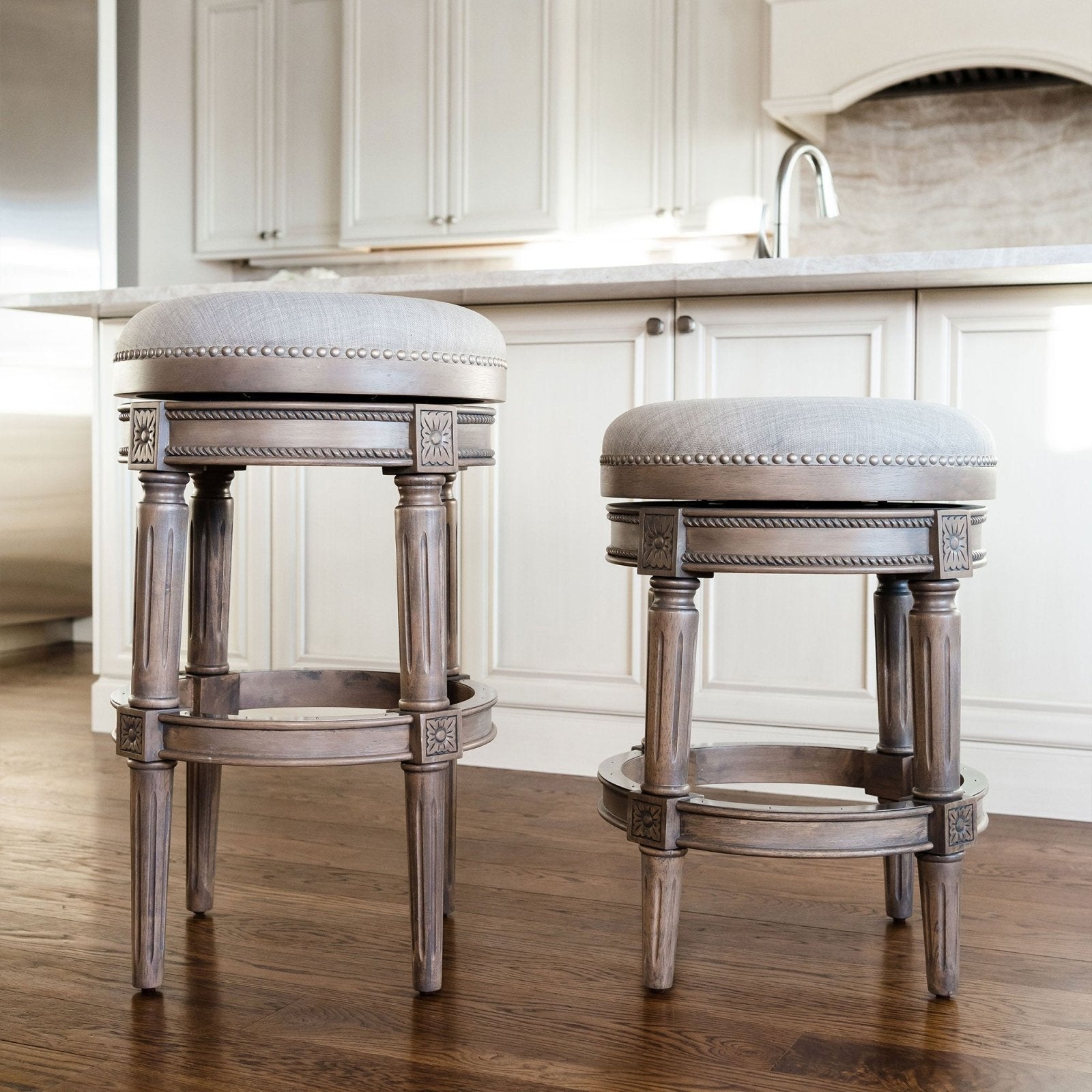 Pullman Backless Counter Stool In Reclaimed Oak Finish With Ash Grey Fabric Upholstery in Stools by Maven Lane