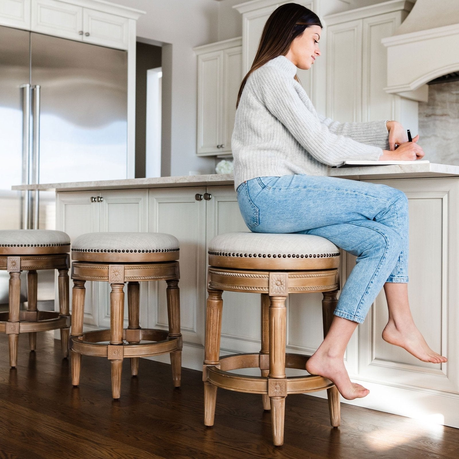 Pullman Backless Counter Stool in Weathered Oak Finish with Sand Color Fabric Upholstery in Stools by Maven Lane