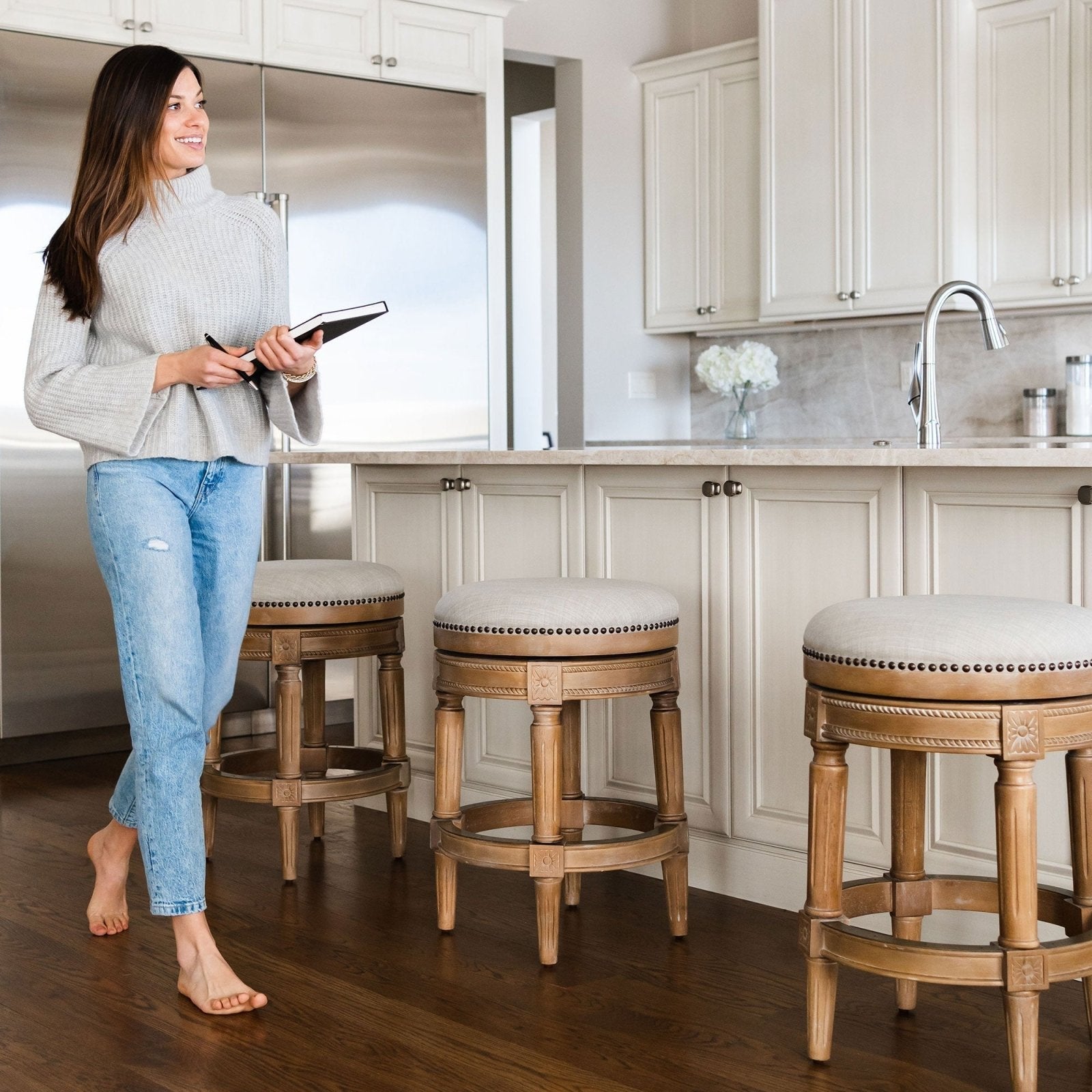 Pullman Backless Counter Stool in Weathered Oak Finish with Sand Color Fabric Upholstery in Stools by Maven Lane