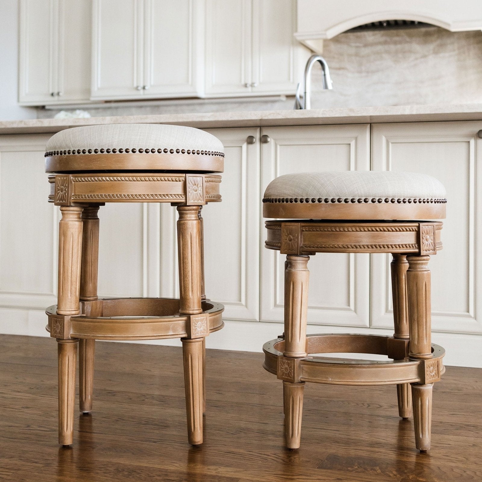 Pullman Backless Counter Stool in Weathered Oak Finish with Sand Color Fabric Upholstery in Stools by Maven Lane