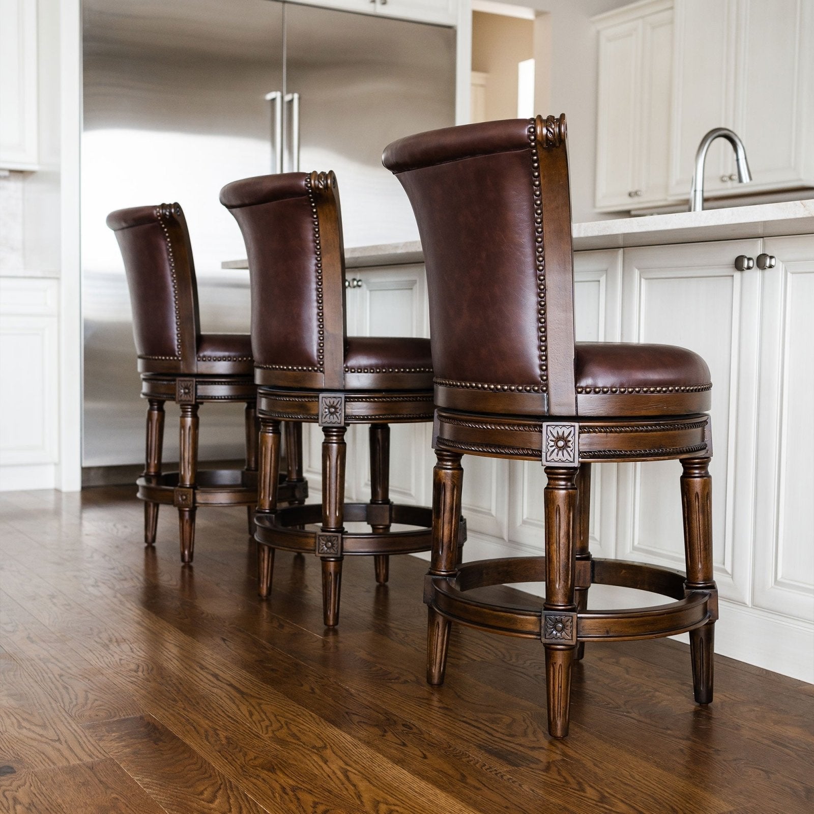 Pullman Bar Stool In Dark Walnut Finish With Vintage Brown Vegan Leather in Stools by Maven Lane