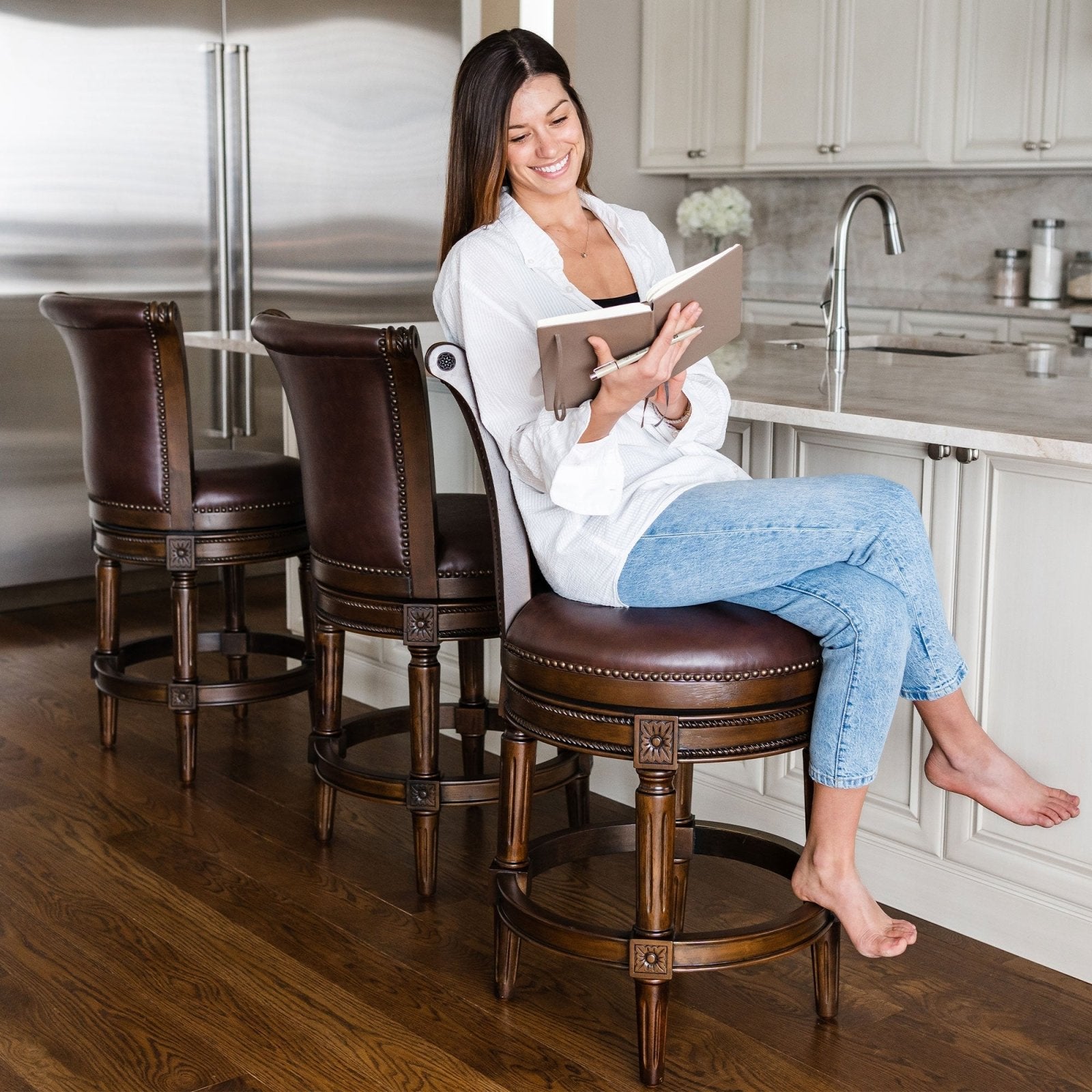 Pullman Bar Stool In Dark Walnut Finish With Vintage Brown Vegan Leather in Stools by Maven Lane