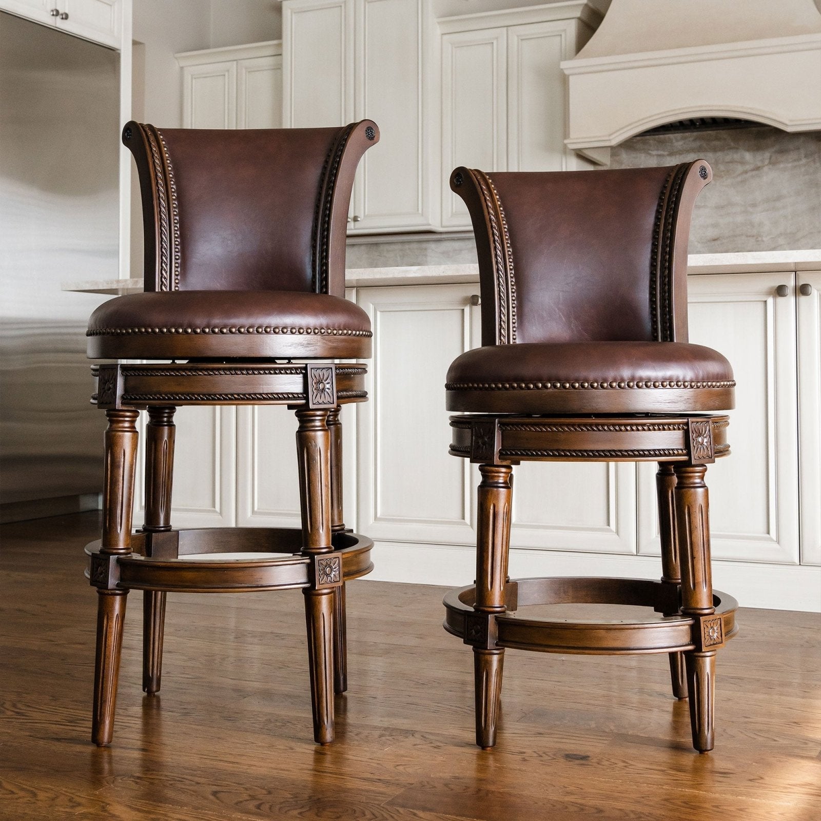 Pullman Bar Stool In Dark Walnut Finish With Vintage Brown Vegan Leather in Stools by Maven Lane