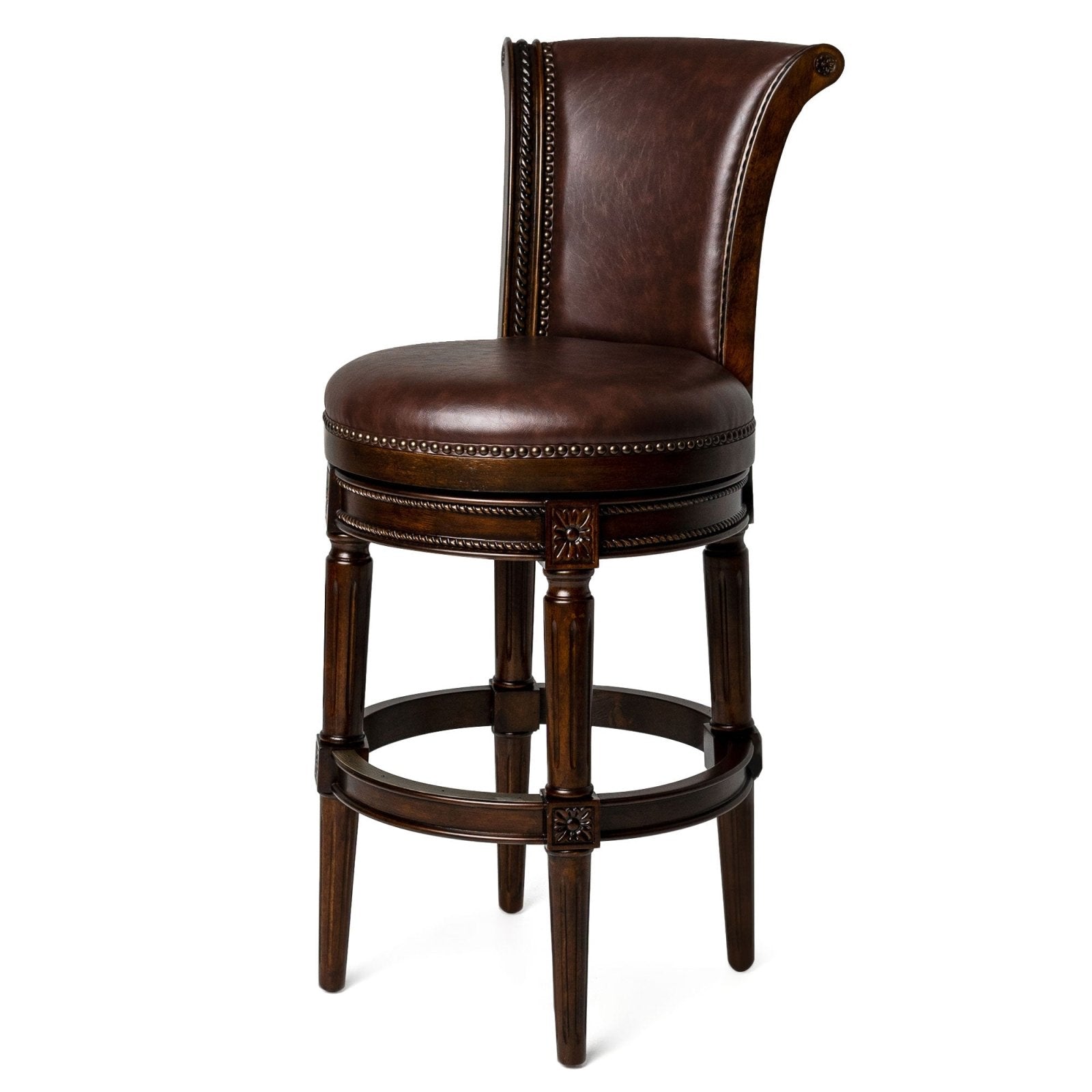 Pullman Bar Stool In Dark Walnut Finish With Vintage Brown Vegan Leather in Stools by Maven Lane