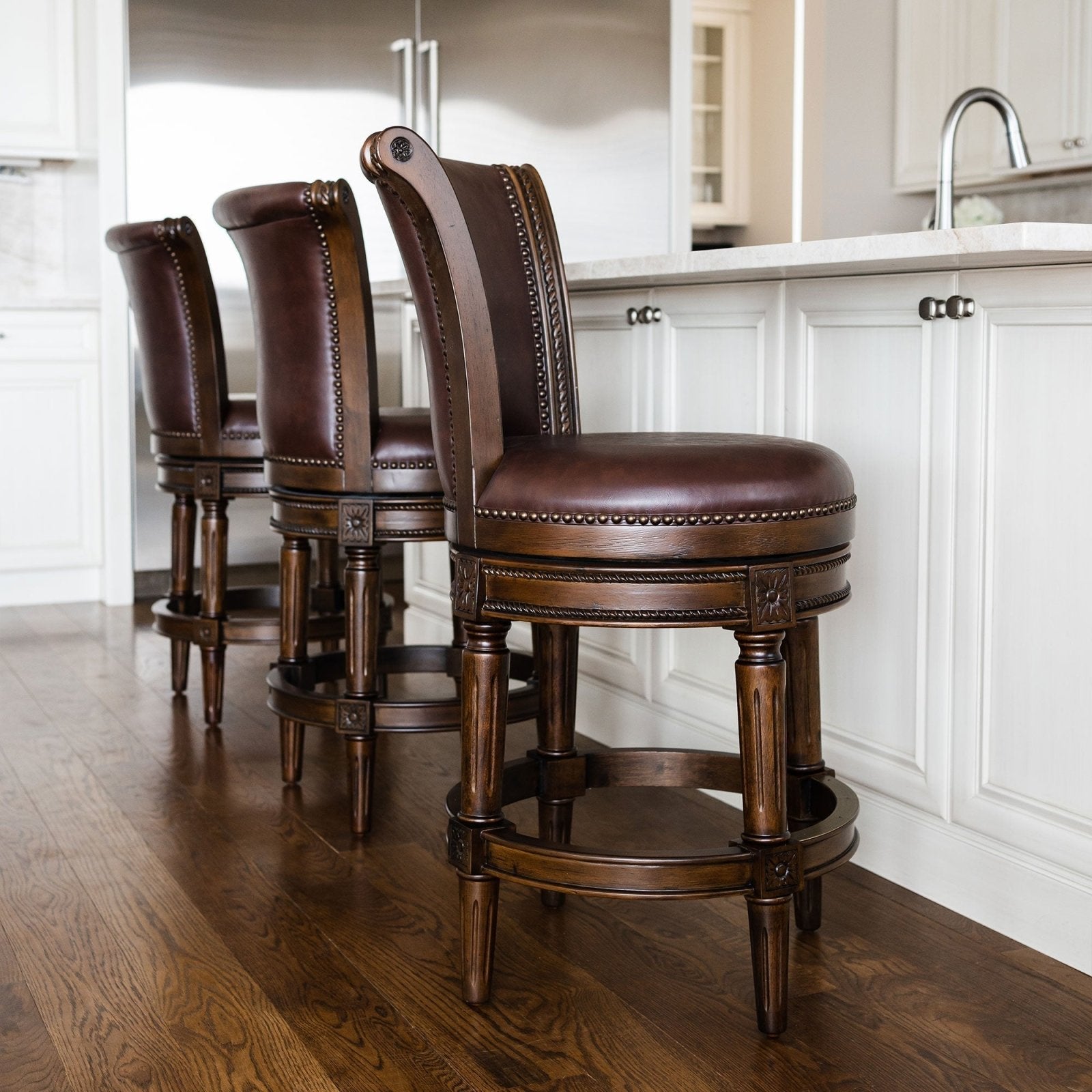 Pullman Bar Stool In Dark Walnut Finish With Vintage Brown Vegan Leather in Stools by Maven Lane