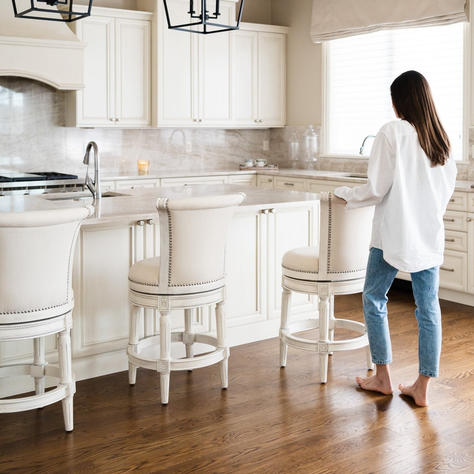 Pullman Bar Stool In White Oak Finish With Natural Fabric Upholstery in Stools by Maven Lane