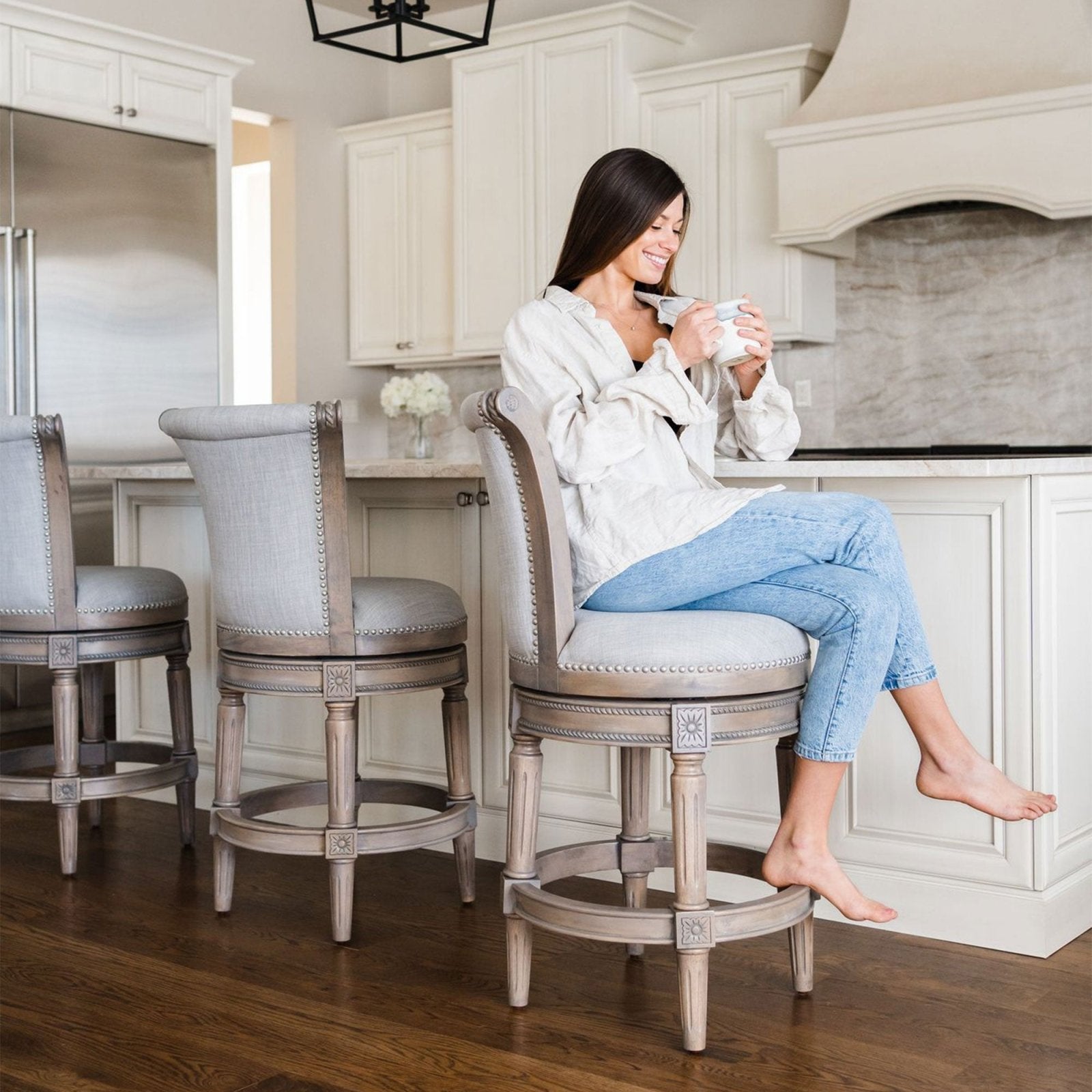 Pullman Bar Stool In Reclaimed Oak Finish With Ash Grey Fabric Upholstery in Stools by Maven Lane