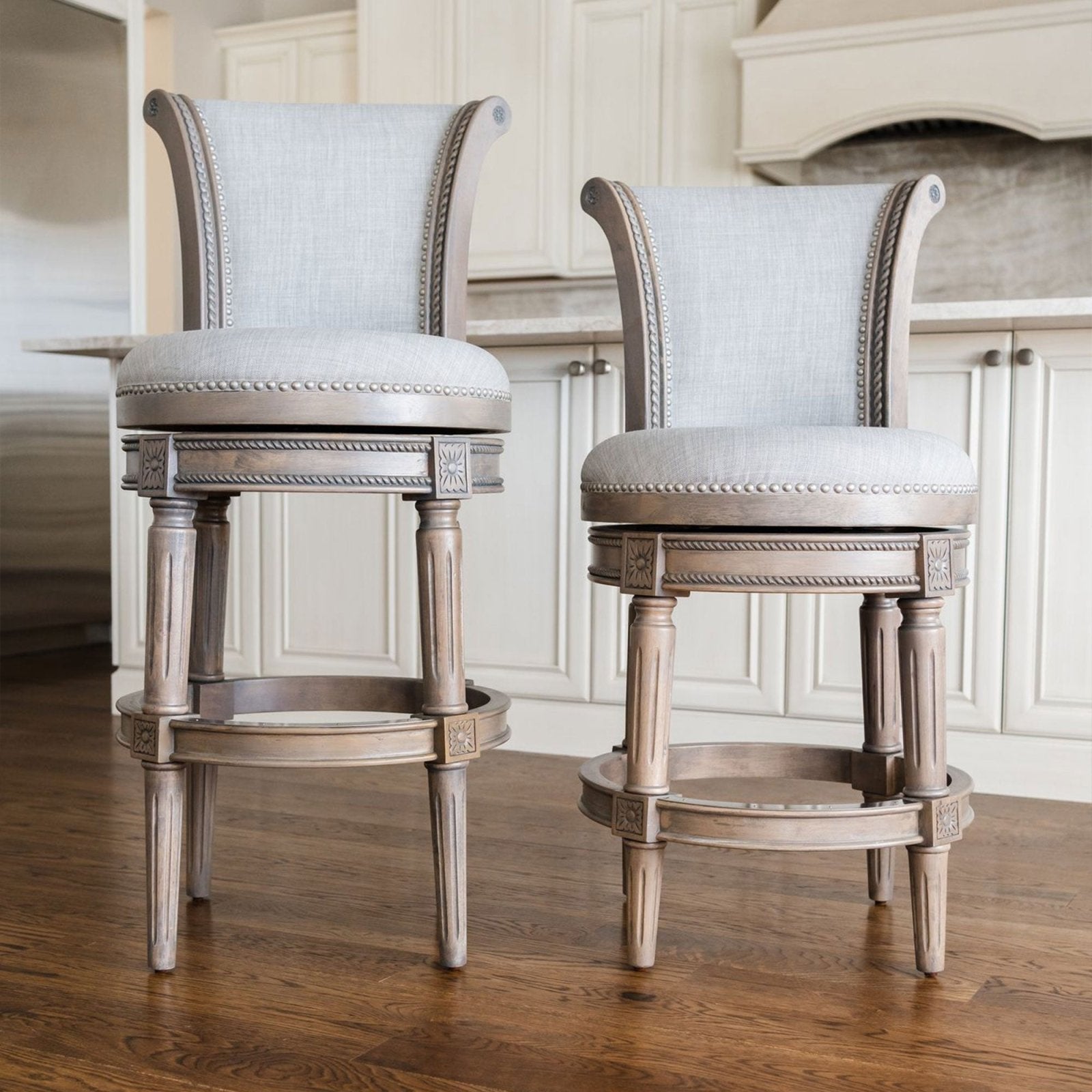 Pullman Bar Stool In Reclaimed Oak Finish With Ash Grey Fabric Upholstery in Stools by Maven Lane