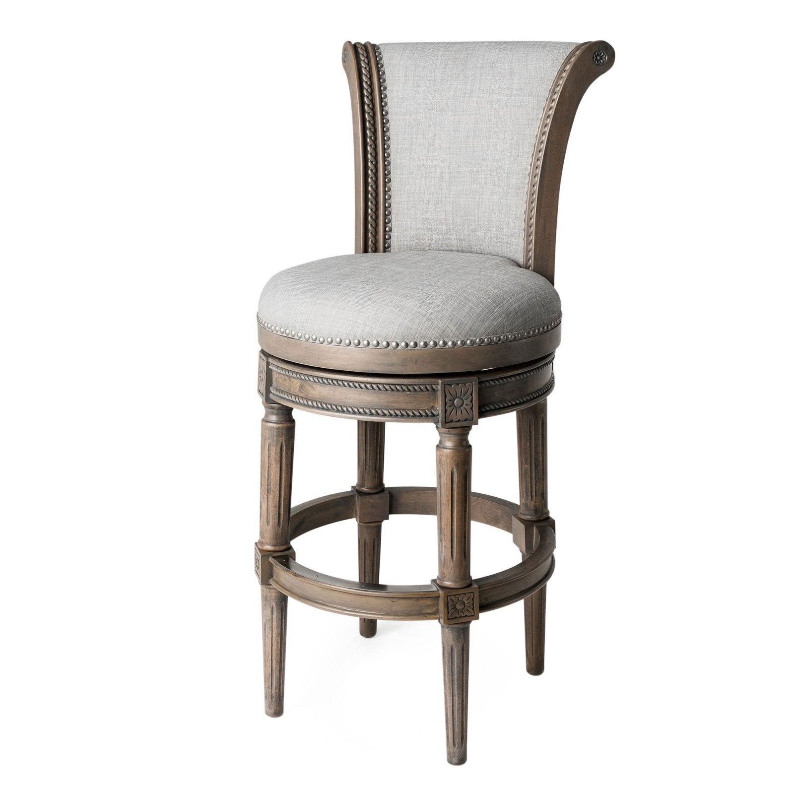 Pullman Bar Stool In Reclaimed Oak Finish With Ash Grey Fabric Upholstery in Stools by Maven Lane