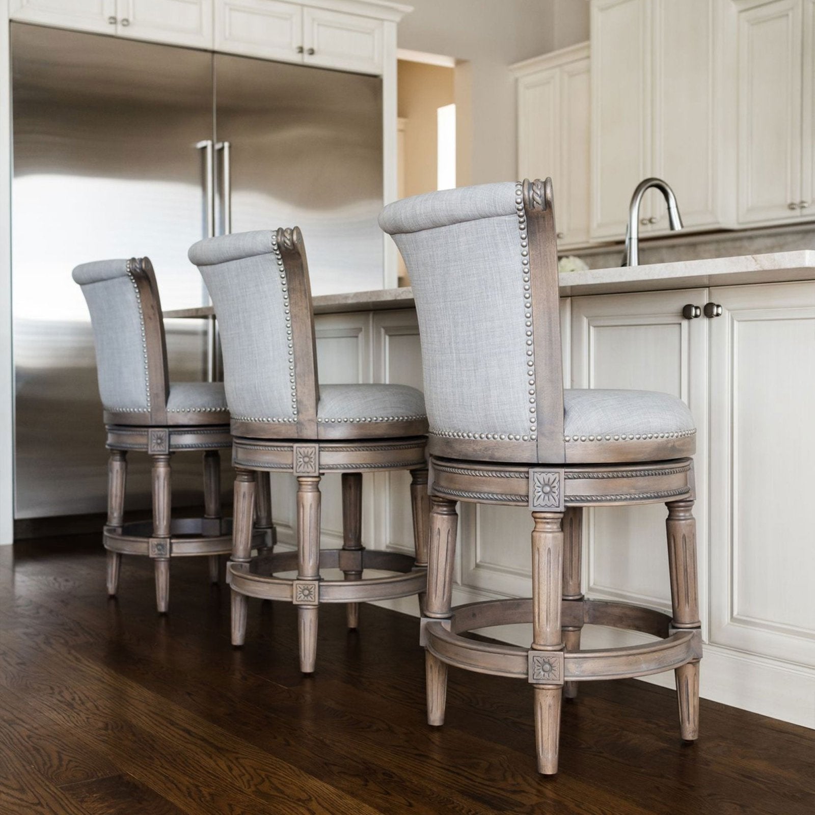 Pullman Bar Stool In Reclaimed Oak Finish With Ash Grey Fabric Upholstery in Stools by Maven Lane