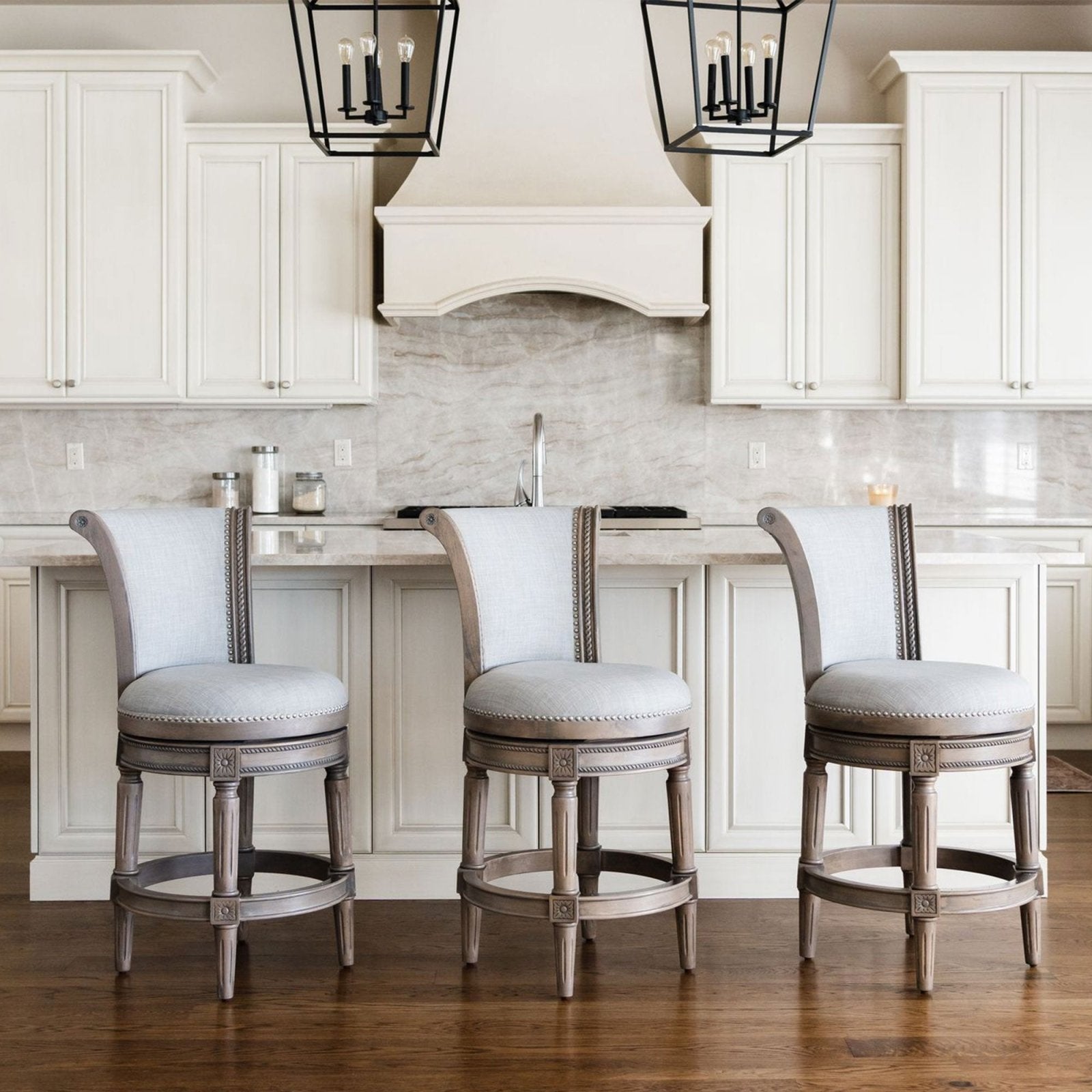 Pullman Bar Stool In Reclaimed Oak Finish With Ash Grey Fabric Upholstery in Stools by Maven Lane