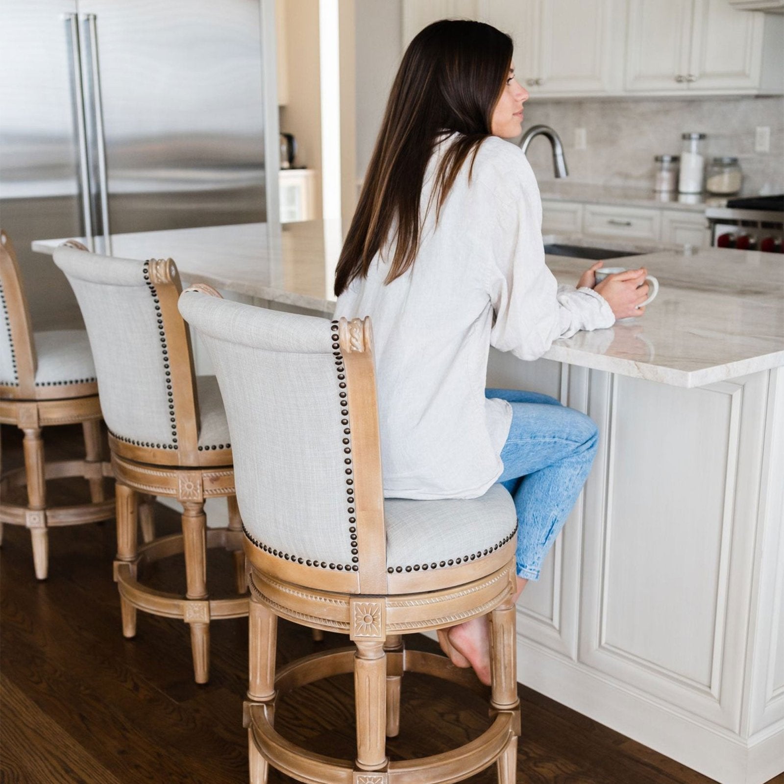 Pullman Bar Stool In Weathered Oak Finish With Sand Color Fabric Upholstery in Stools by Maven Lane