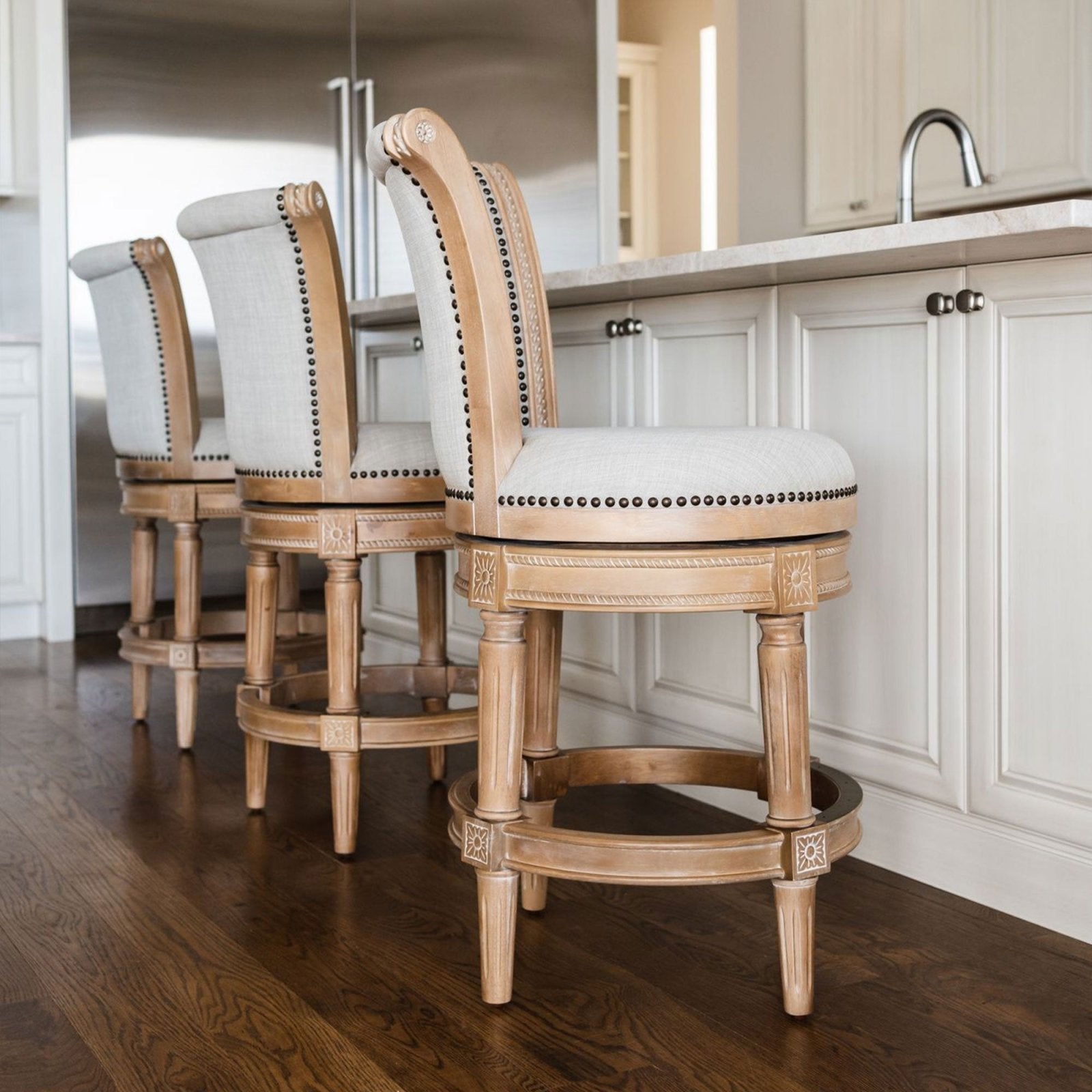 Pullman Bar Stool In Weathered Oak Finish With Sand Color Fabric Upholstery in Stools by Maven Lane