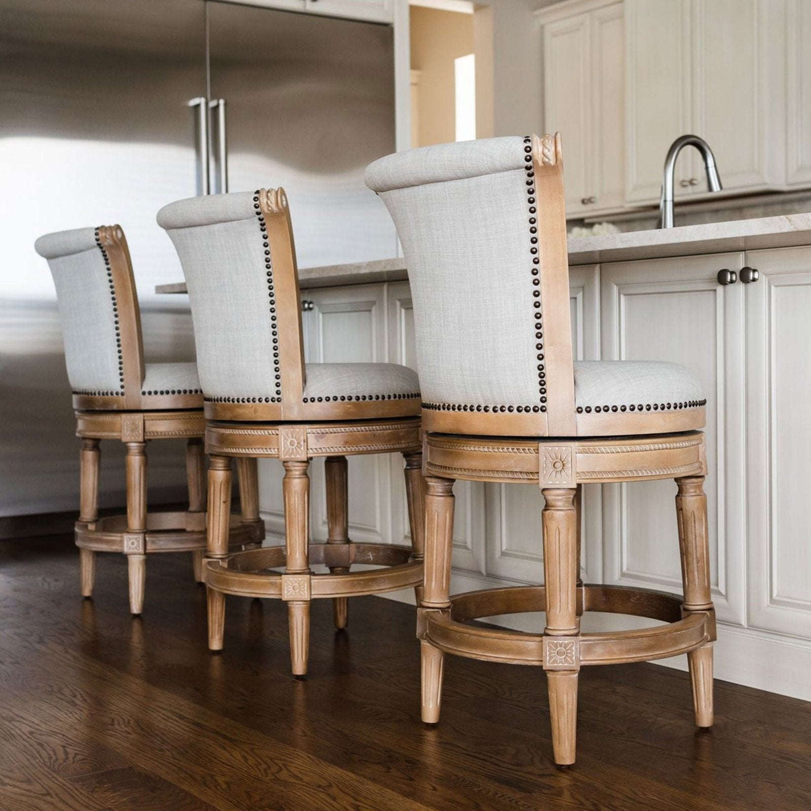 Pullman Bar Stool In Weathered Oak Finish With Sand Color Fabric Upholstery in Stools by Maven Lane