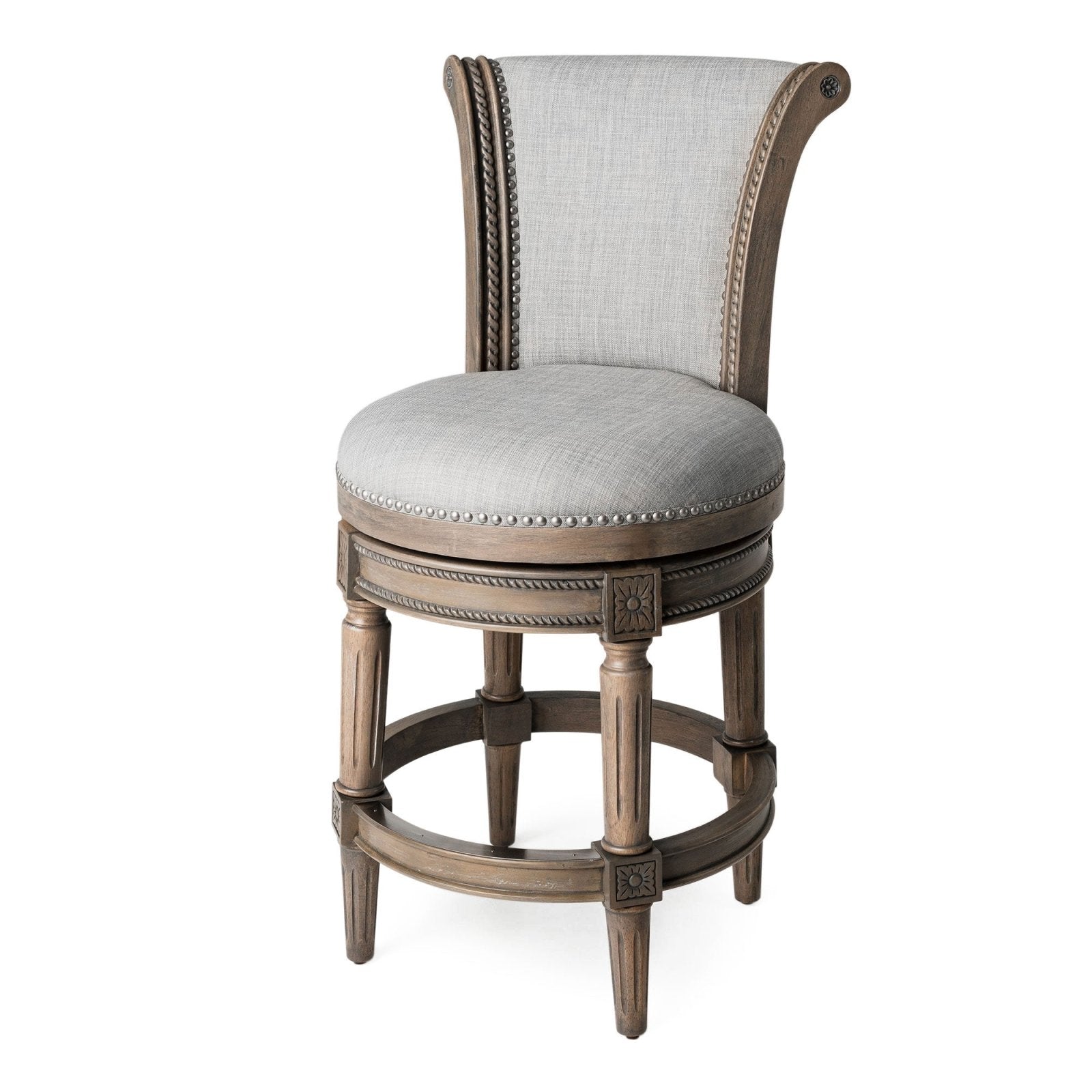 Pullman Counter Stool In Reclaimed Oak Finish With Ash Grey Fabric Upholstery in Stools by Maven Lane