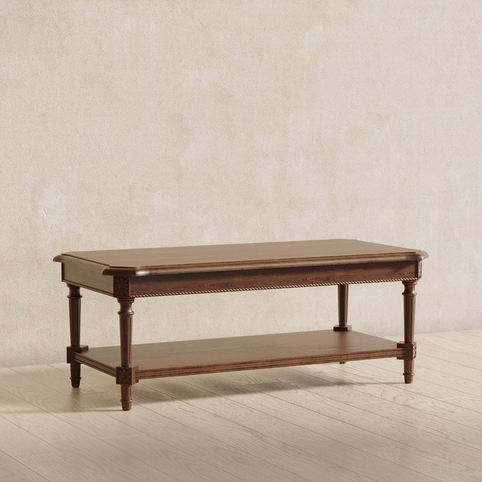 Pullman Traditional Rectangular Wooden Coffee Table in Antiqued Brown Finish in Accent Tables by Maven Lane