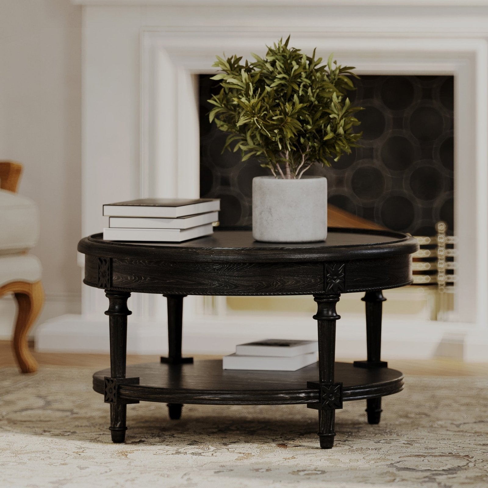 Pullman Traditional Round Wooden Coffee Table in Antiqued Black Finish
