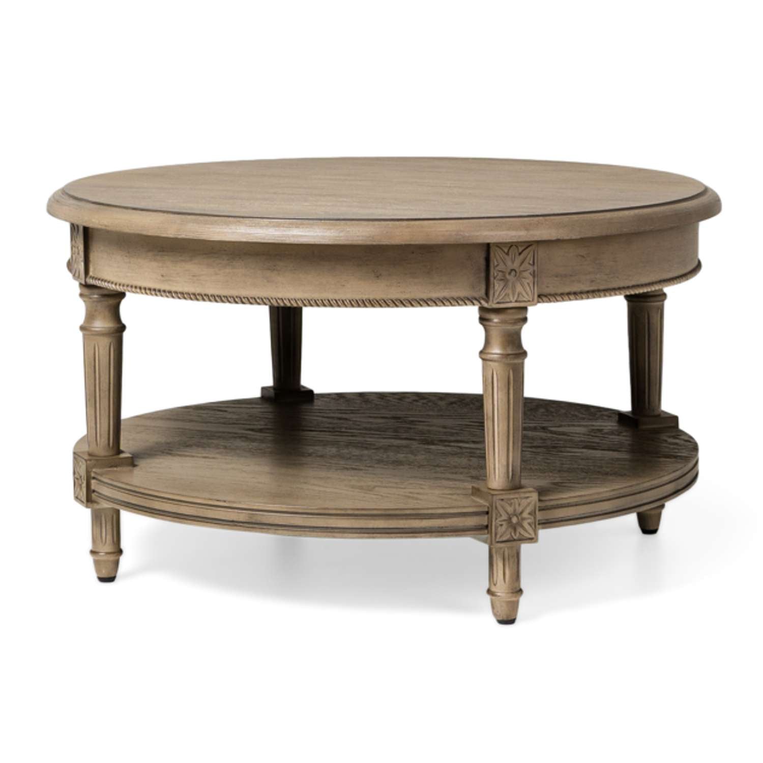 Pullman Traditional Round Wooden Coffee Table in Antiqued Grey Finish in Accent Tables by Maven Lane