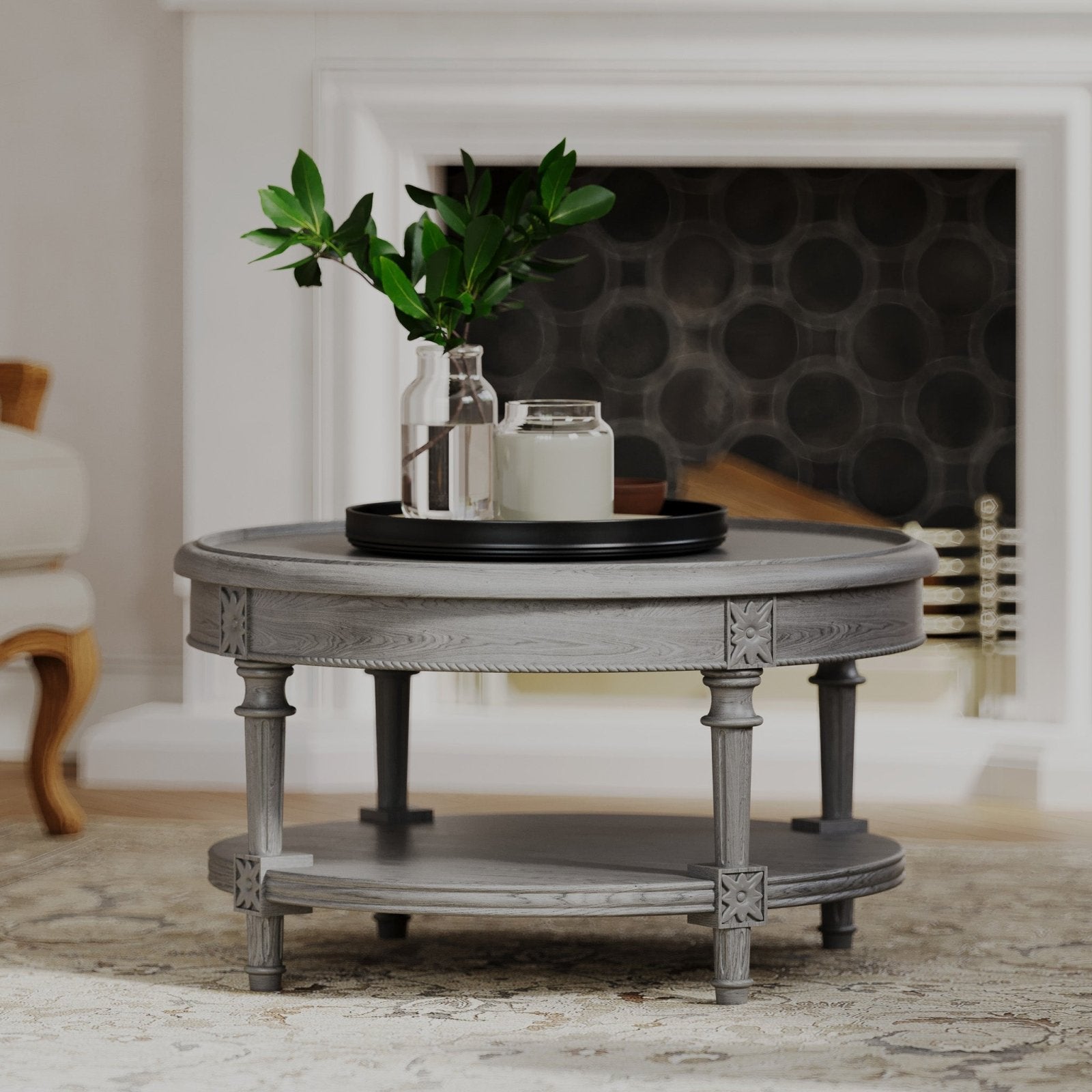 Pullman Traditional Round Wooden Coffee Table in Antiqued Grey Finish in Accent Tables by Maven Lane